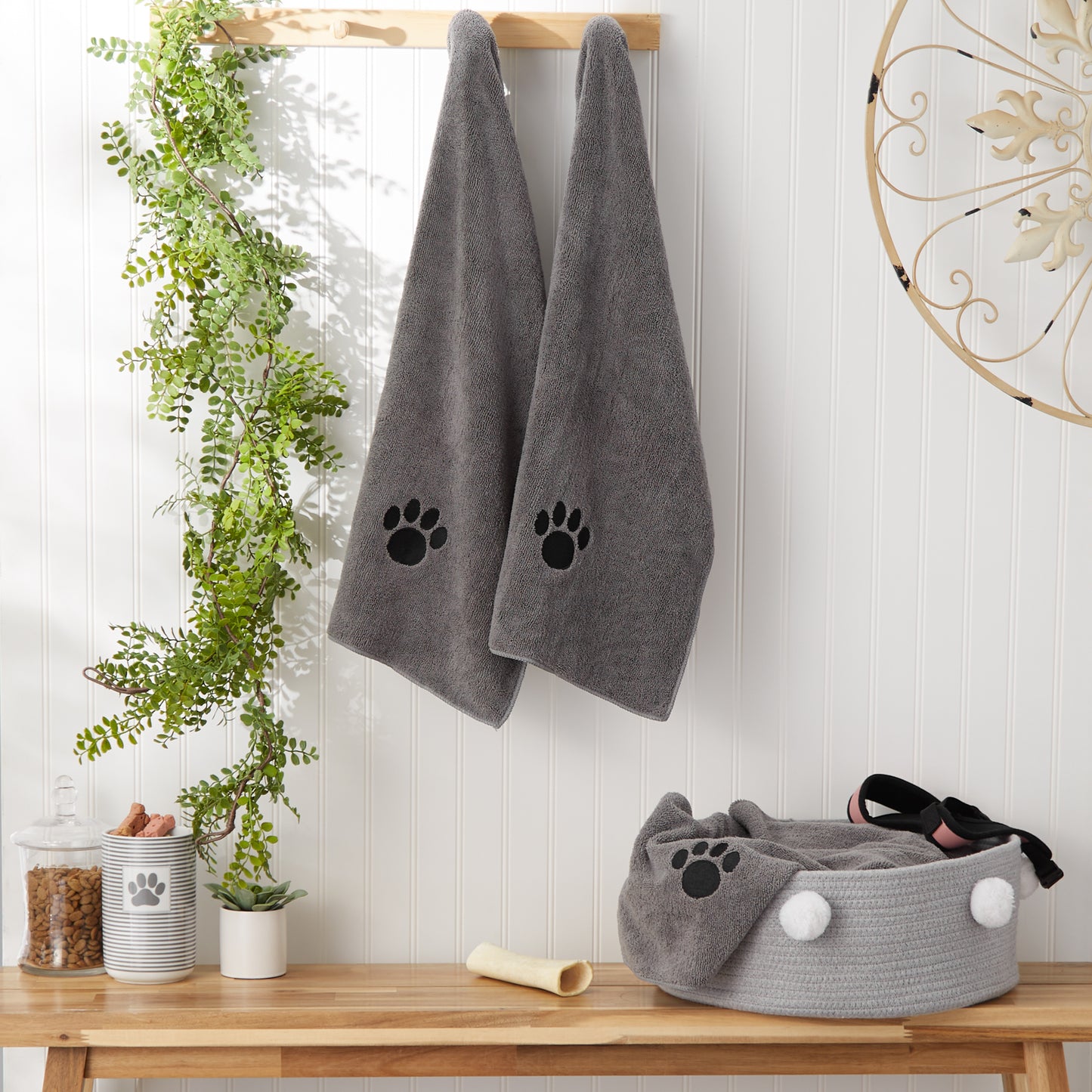 Bone Dry Small Pet Towel Set - 3 Pack - Embroidered Paw, Gray, 15x30"