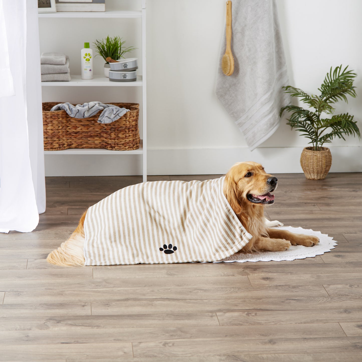 Bone Dry Stripe Pet Towel, Absorbent Microfiber, Taupe, Large - 41x23.5"