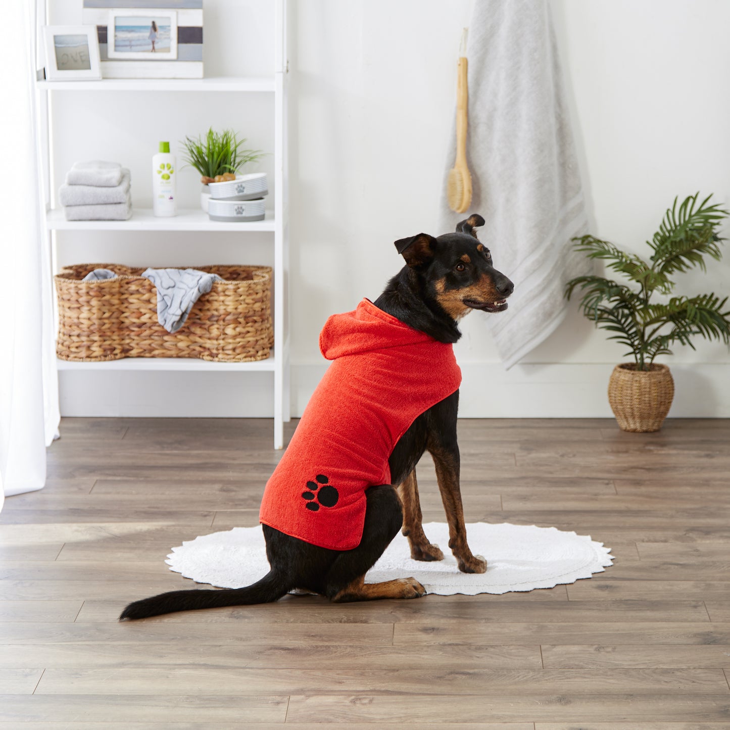 Bone Dry Terry Microfiber Pet Robe, Embroidered Paw Print - Red - Medium, 20-35 Lbs