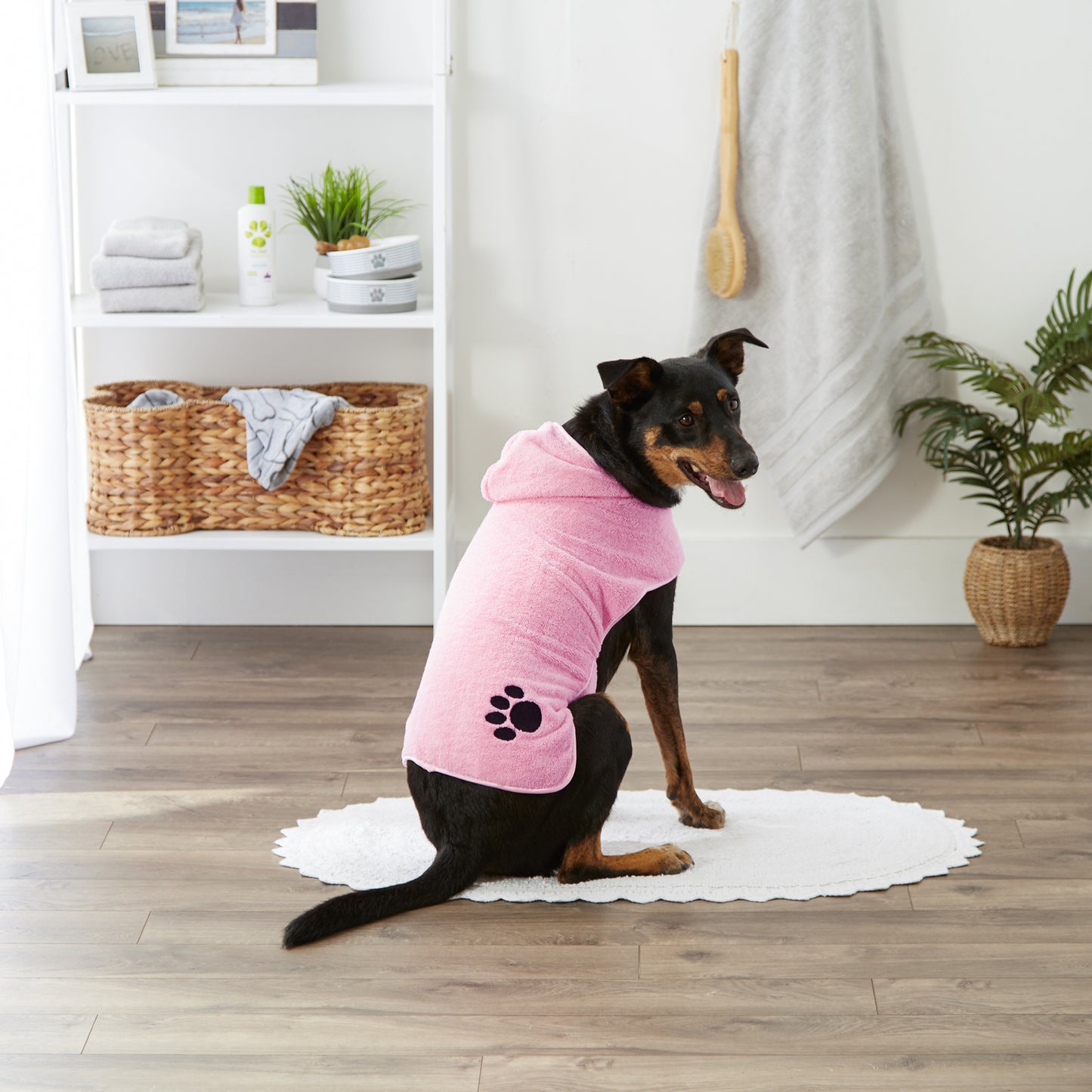 Bone Dry Terry Microfiber Pet Robe, Embroidered Paw Print - Pink - Medium, 20-35 Lbs