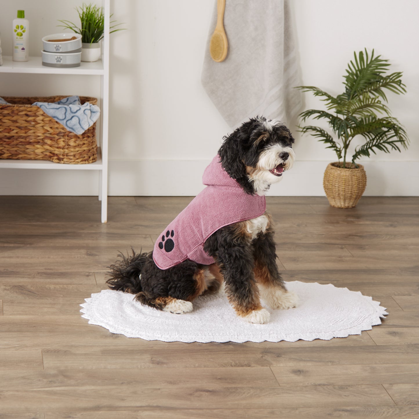 Bone Dry Terry Microfiber Pet Robe, Embroidered Paw Print - Rose - Small, 10-20 lbs