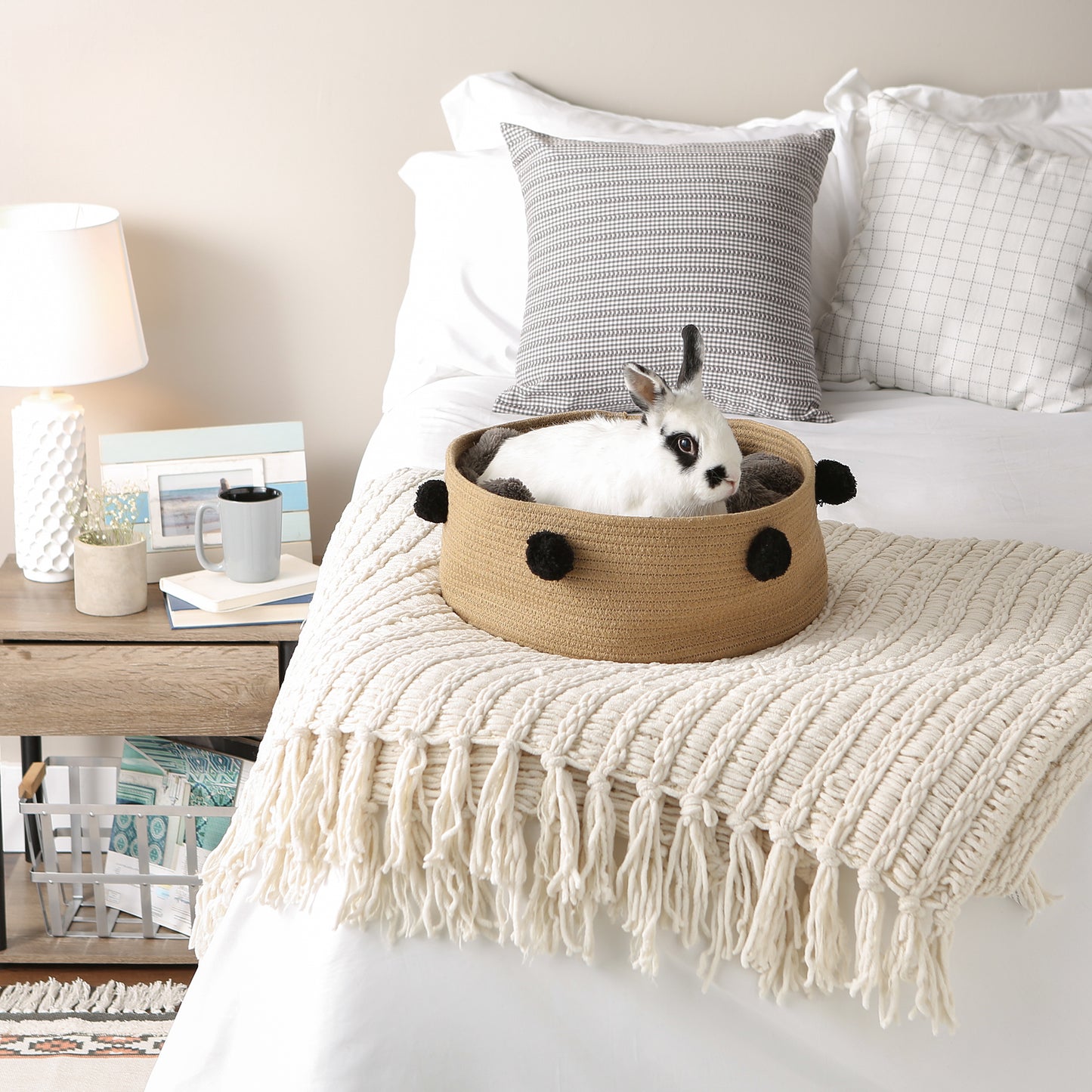 Cotton Pet Storage Basket, Pom-Poms, Beige/Black- 15.75x6.25"