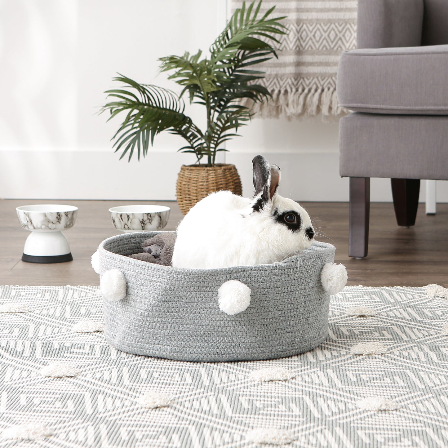 Cotton Pet Storage Basket, Pom-Poms, Gray/White - 15.75x6.25"
