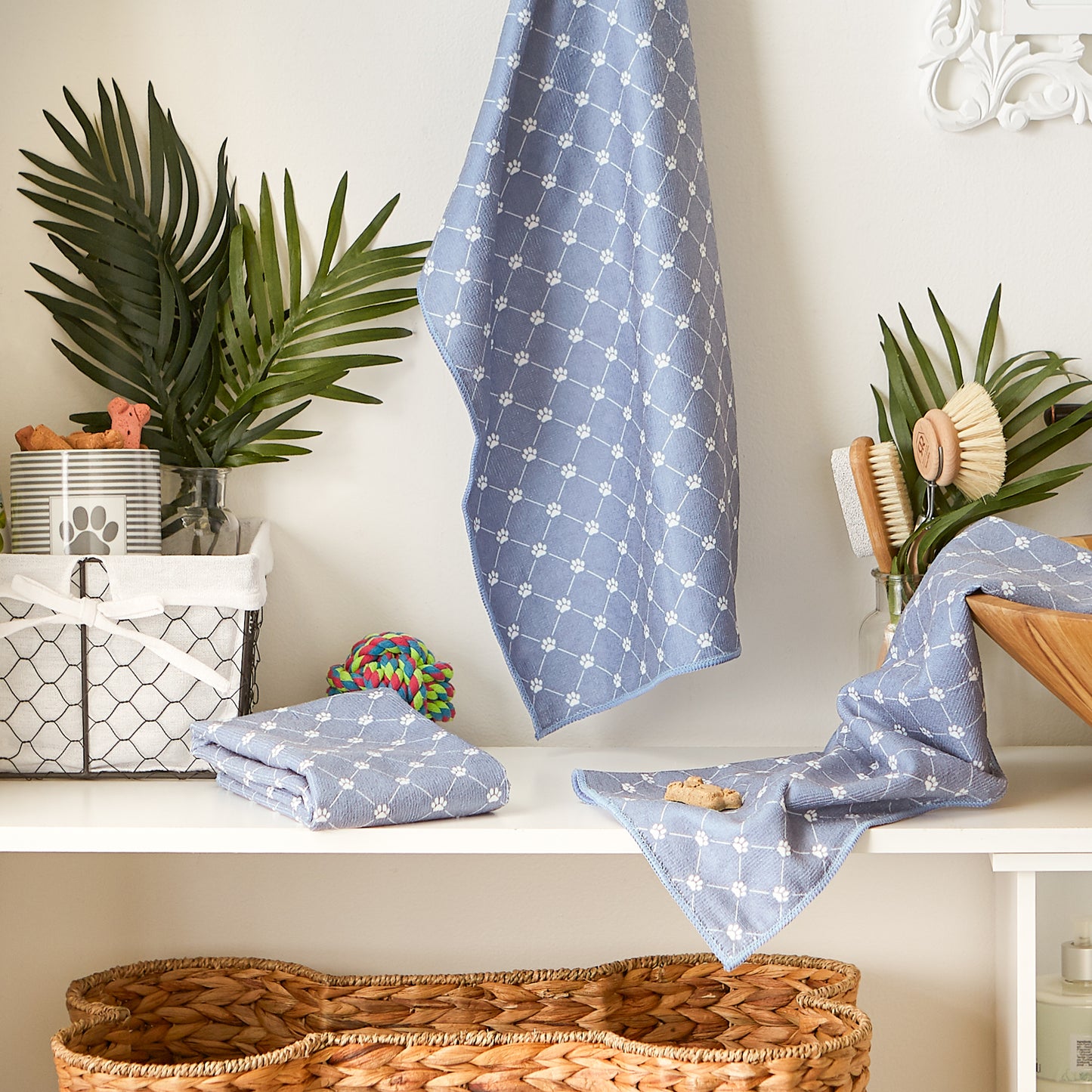 Bone Dry Small Microfiber Pet Towel - 3 Pack - Printed Trellis, Stonewash Blue, 15x30"