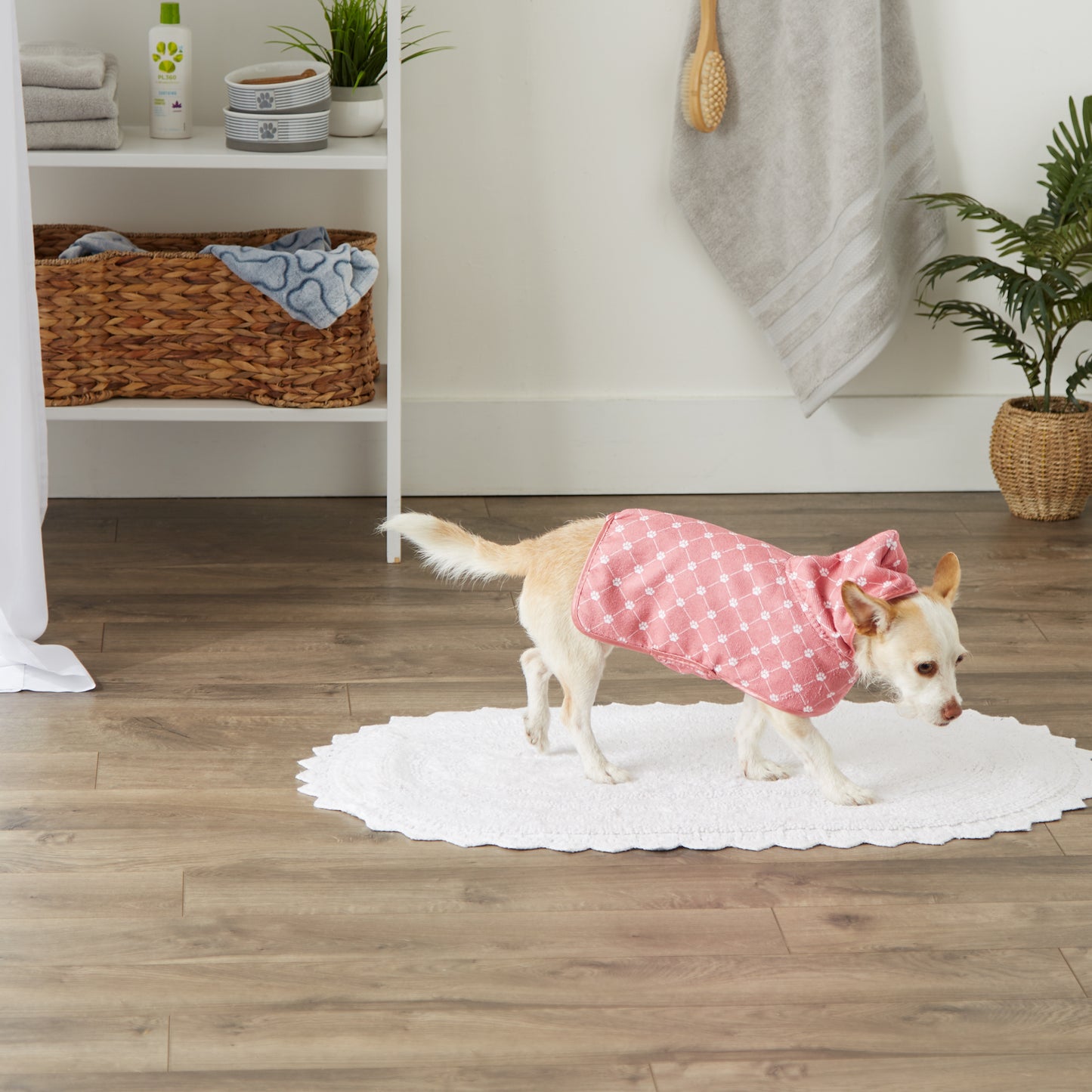 Microfiber Pet Robe, Trellis Paw Print - Rose - X-Small, up to 10 Lbs