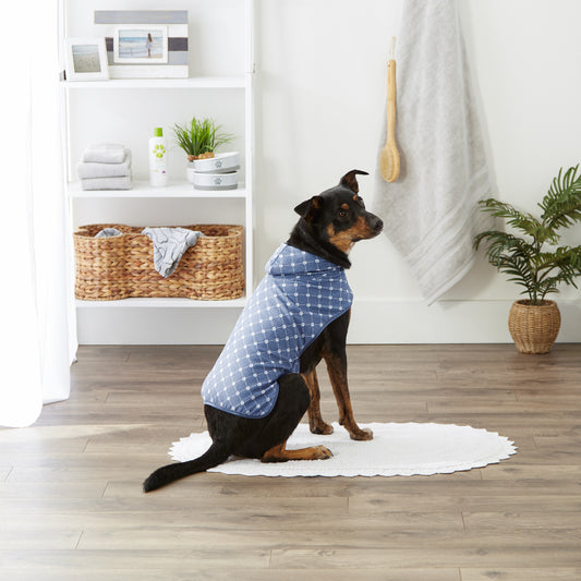 Microfiber Pet Robe, Trellis Paw Print - Stonewash Blue - Medium, 20-35 Lbs