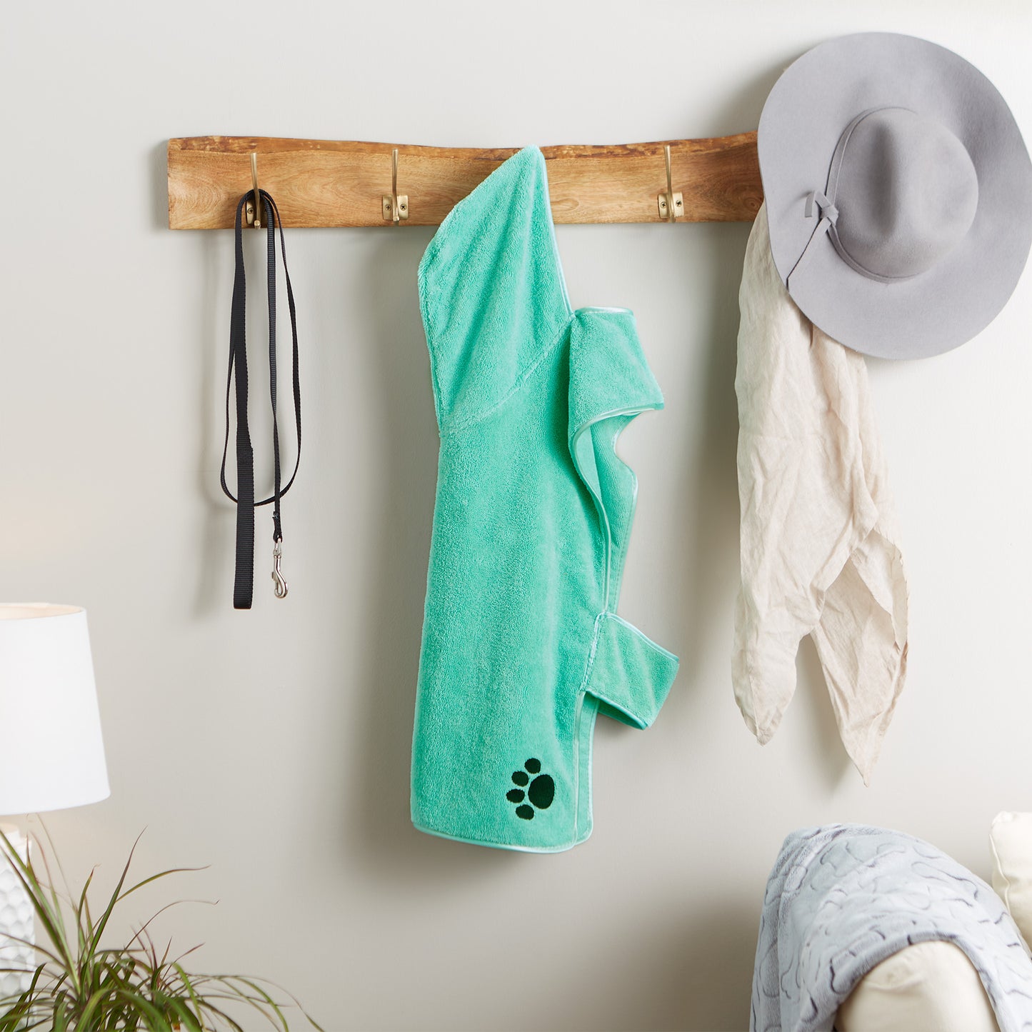 Bone Dry Terry Microfiber Pet Robe, Embroidered Paw Print - Aqua - Large, 35-50 lbs