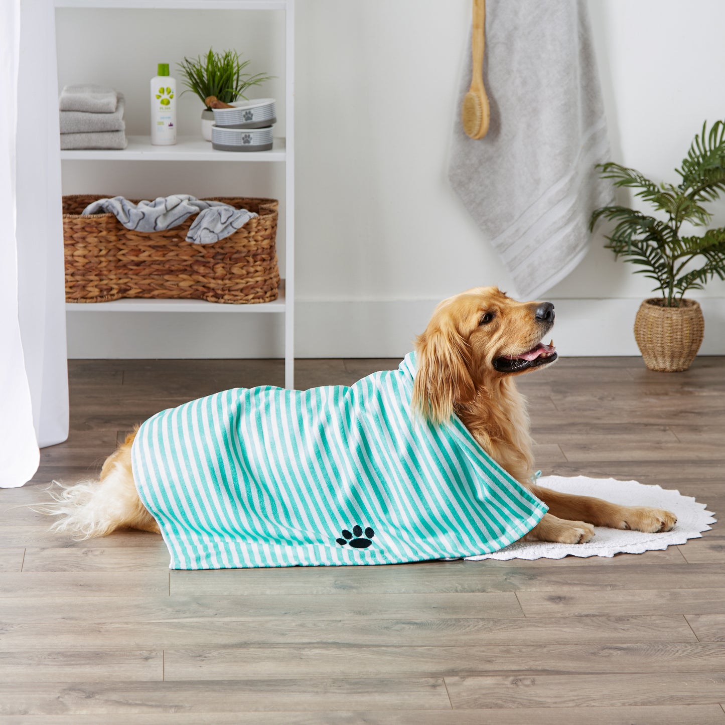 Bone Dry Stripe Pet Towel, Absorbent Microfiber, Aqua, Large - 41x23.5"
