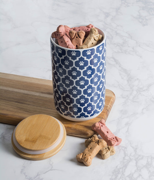 Nautical Blue Paw Lattice Print Ceramic Treat Canister