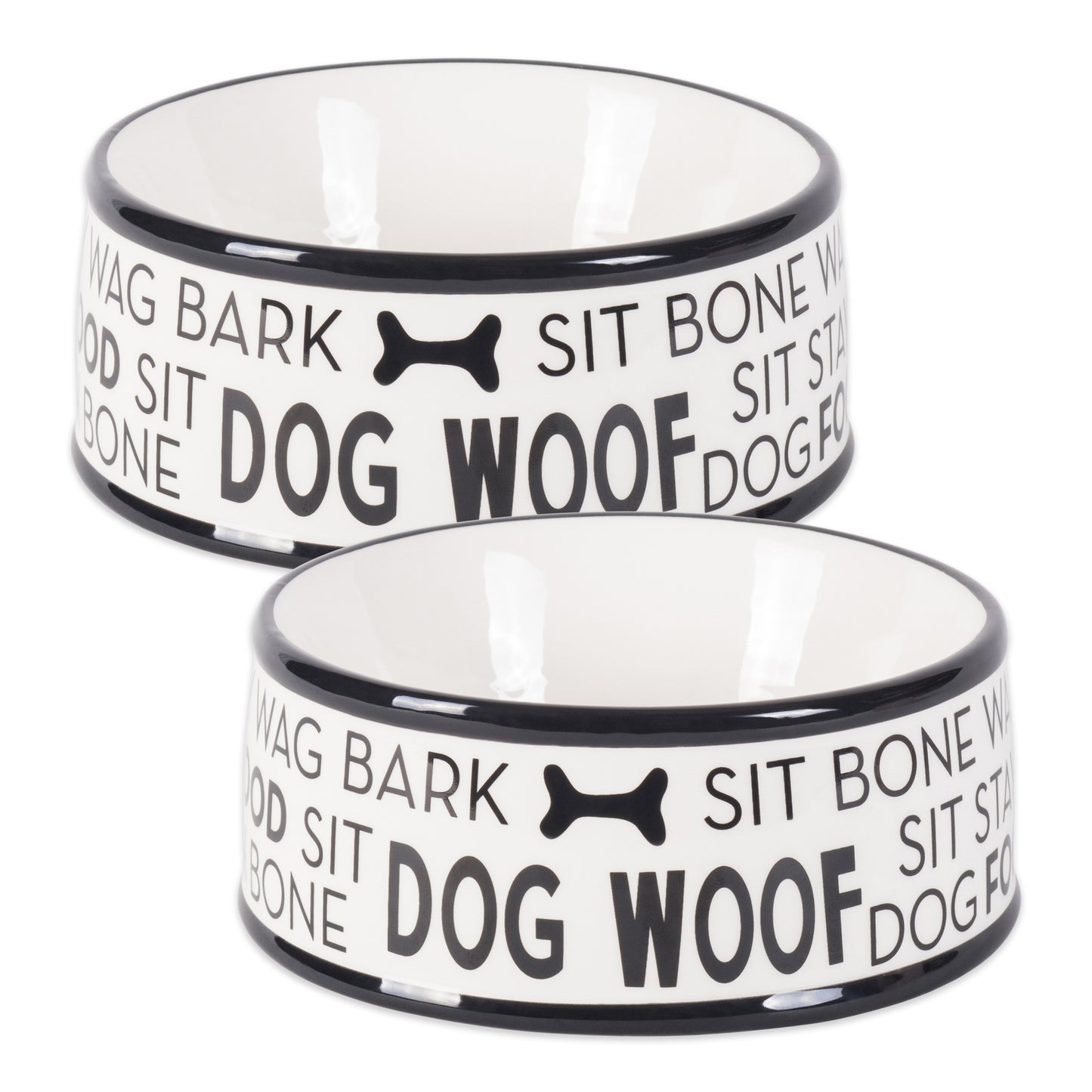 Black Dog Text Ceramic Medium Pet Bowl Set of 2