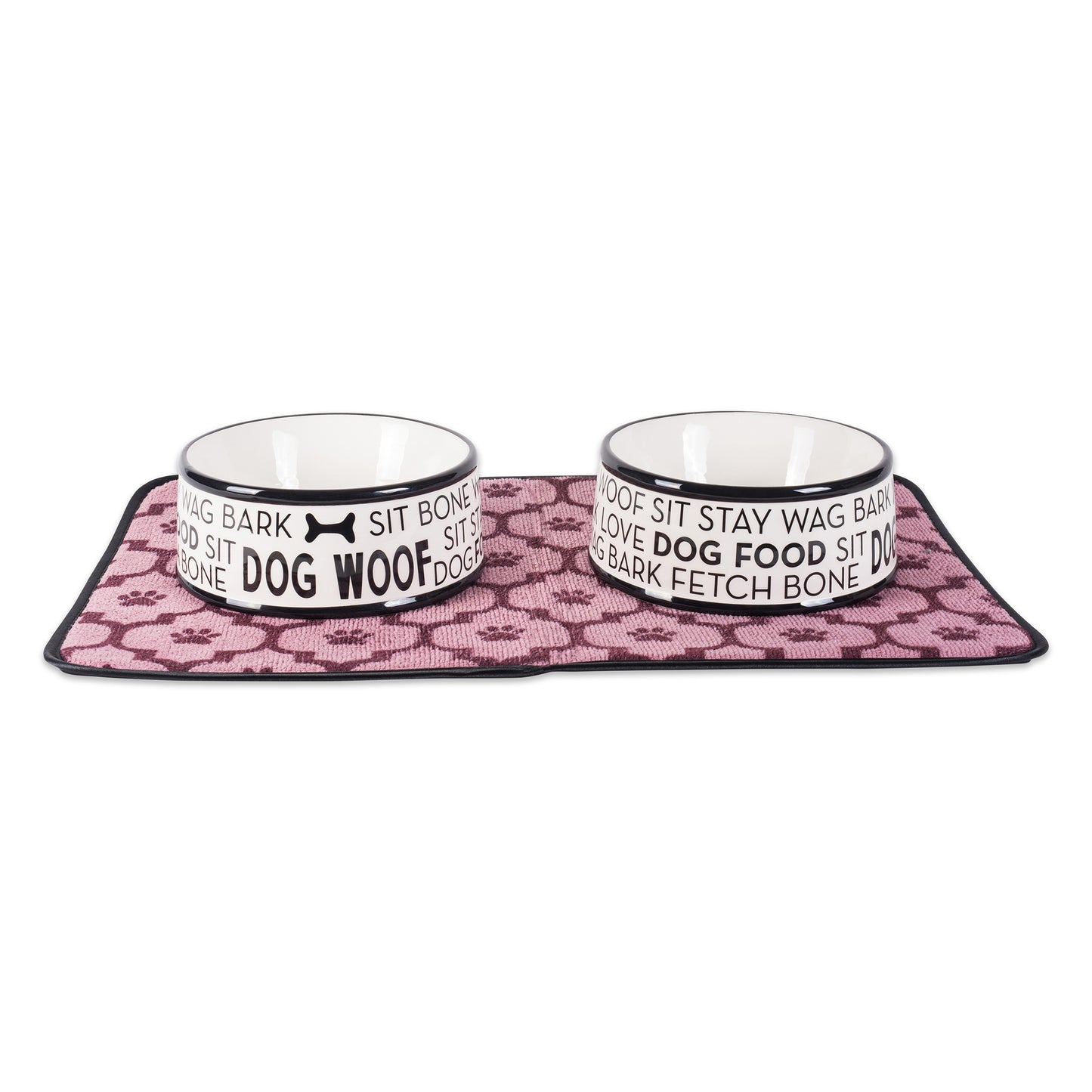 Black Dog Text Ceramic Medium Pet Bowl Set of 2