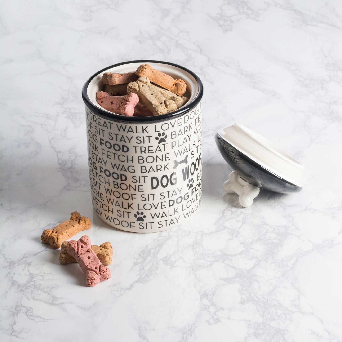 Black/White Dog Text Pet Treat Canister 6.25 Cup Capacity