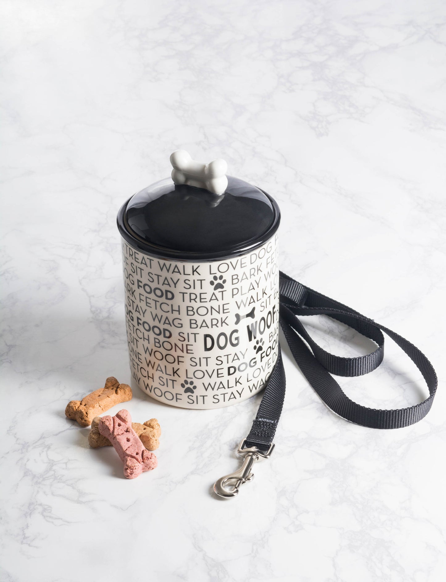 Black/White Dog Text Pet Treat Canister 6.25 Cup Capacity