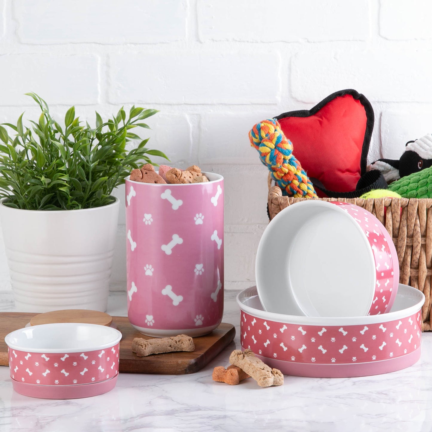 Pet Bowl Tossed Bone & Paw Print Rose Small 4.25Dx2H Set of 2