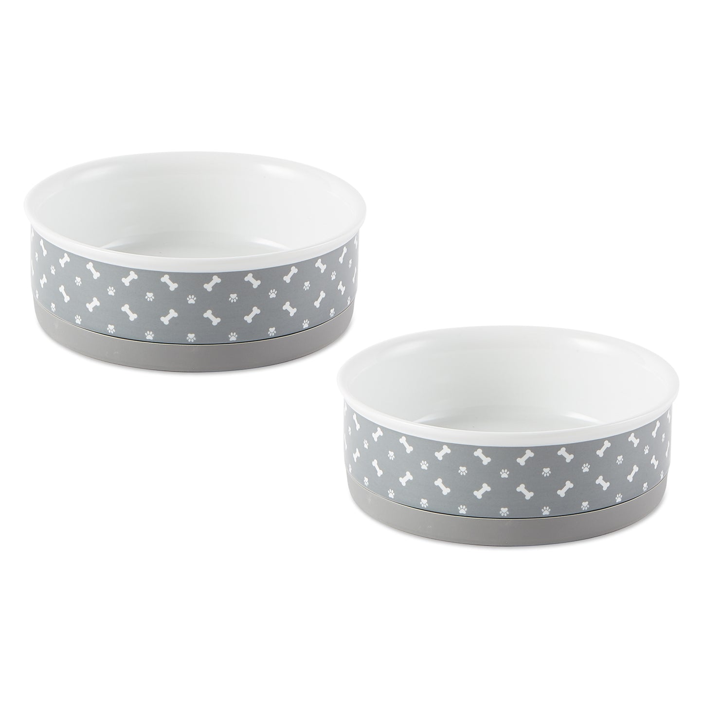 Pet Bowl Tossed Bone & Paw Print Gray Medium 6Dx2H Set of 2