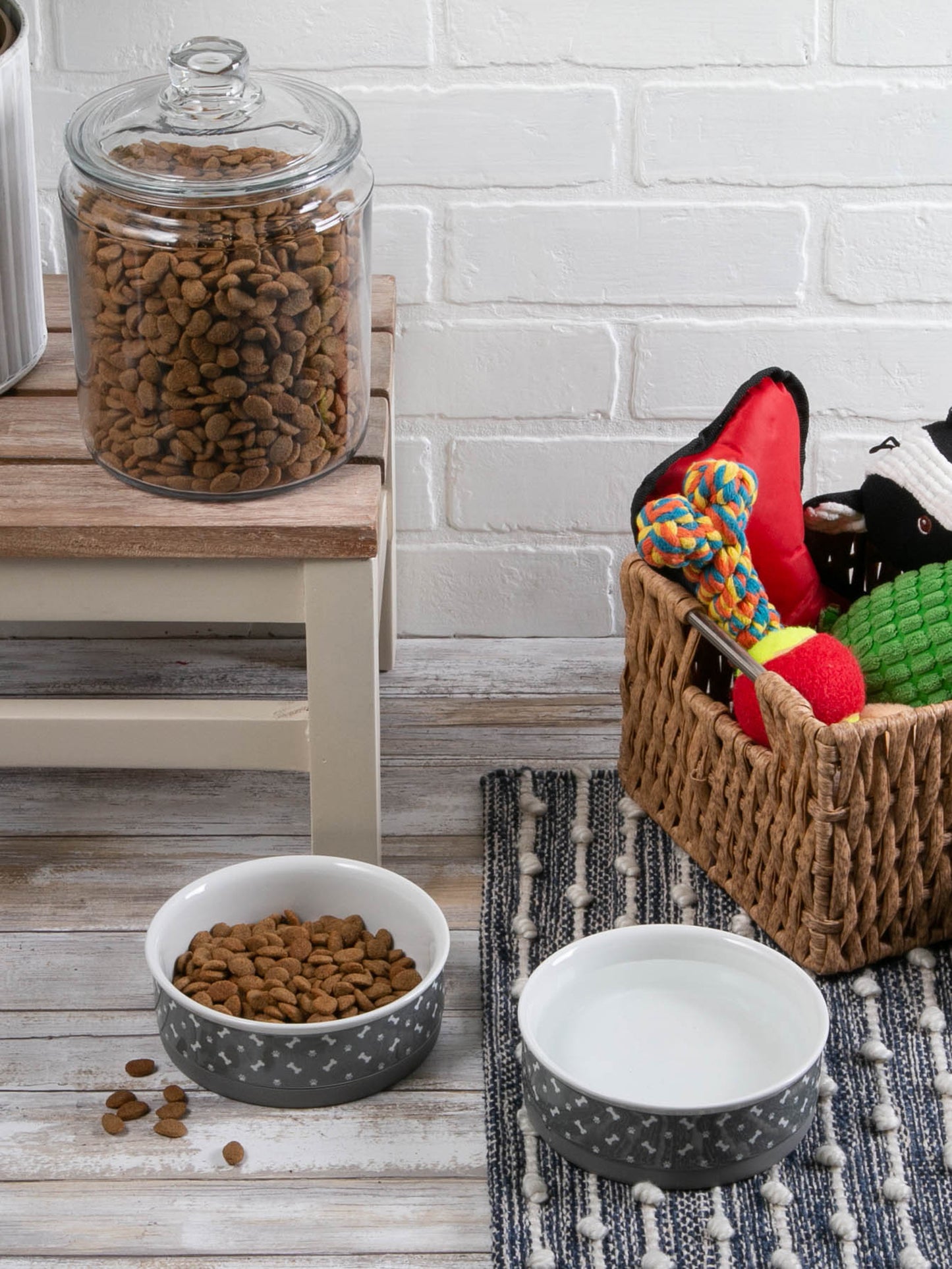 Pet Bowl Tossed Bone & Paw Print Gray Medium 6Dx2H Set of 2