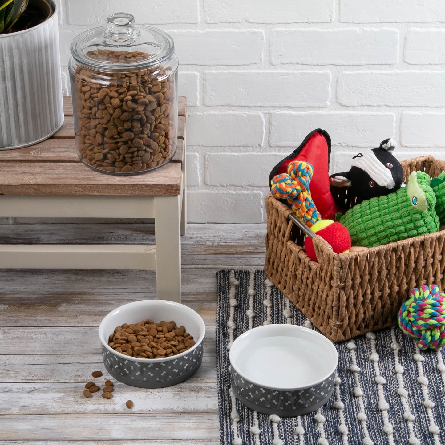 Pet Bowl Tossed Bone & Paw Print Gray Medium 6Dx2H Set of 2