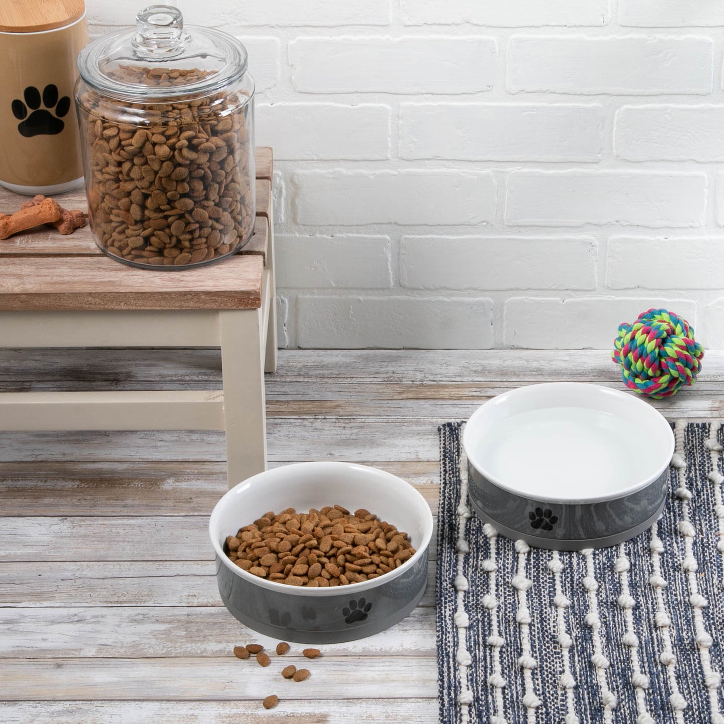 Pet Bowl Black Paw Print Gray Large 7.5Dx2.4H Set of 2