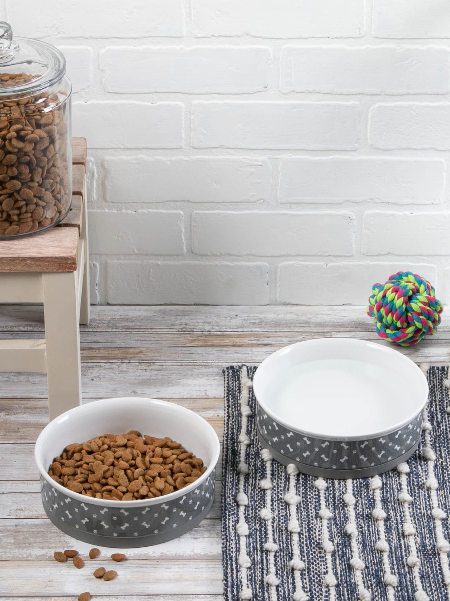 Pet Bowl Tossed Bone & Paw Print Gray Large 7.5Dx2.4H Set of 2