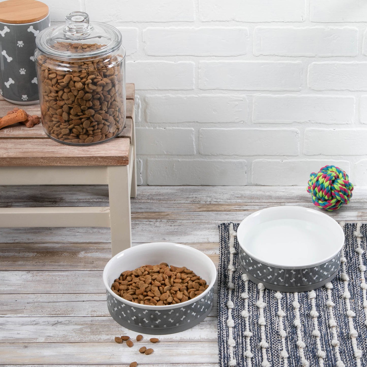 Pet Bowl Tossed Bone & Paw Print Gray Large 7.5Dx2.4H Set of 2