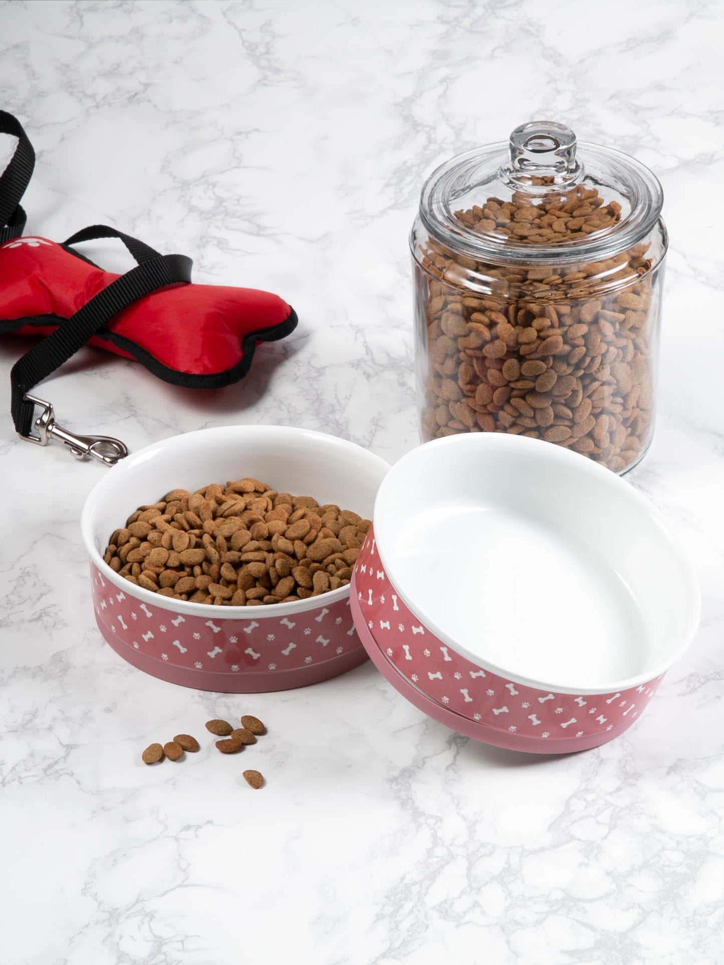 Pet Bowl Tossed Bone & Paw Print Rose Large 7.5Dx2.4H Set of 2