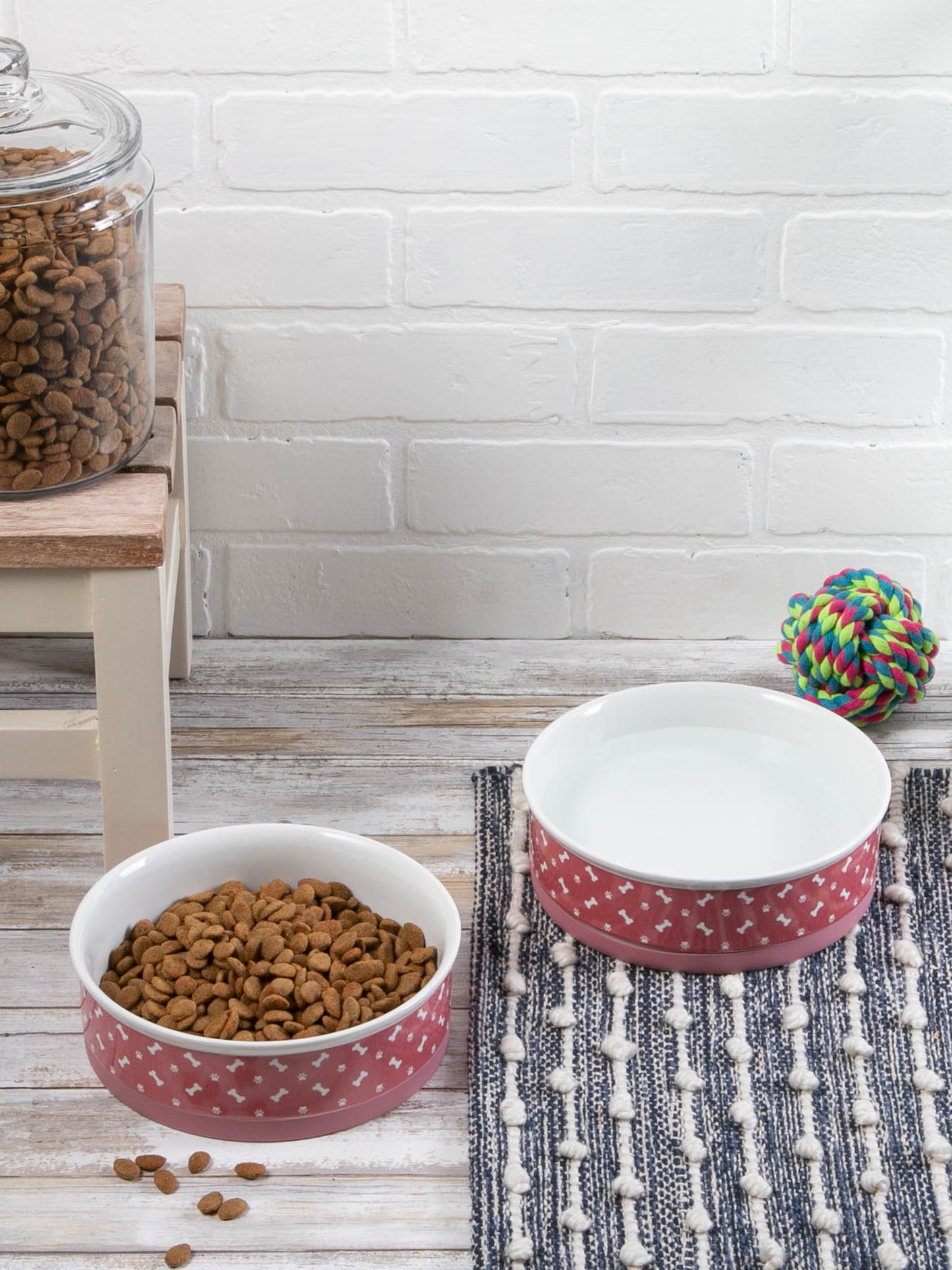 Pet Bowl Tossed Bone & Paw Print Rose Large 7.5Dx2.4H Set of 2