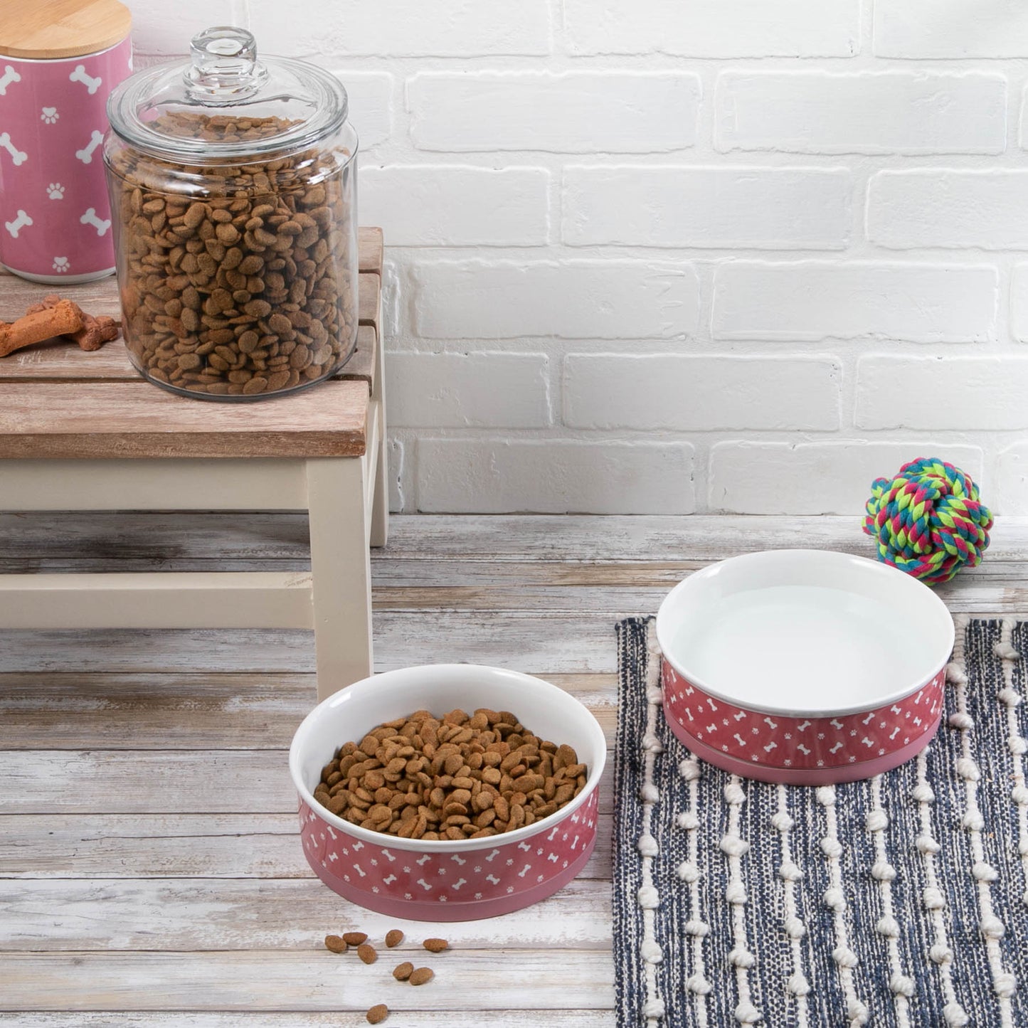 Pet Bowl Tossed Bone & Paw Print Rose Large 7.5Dx2.4H Set of 2