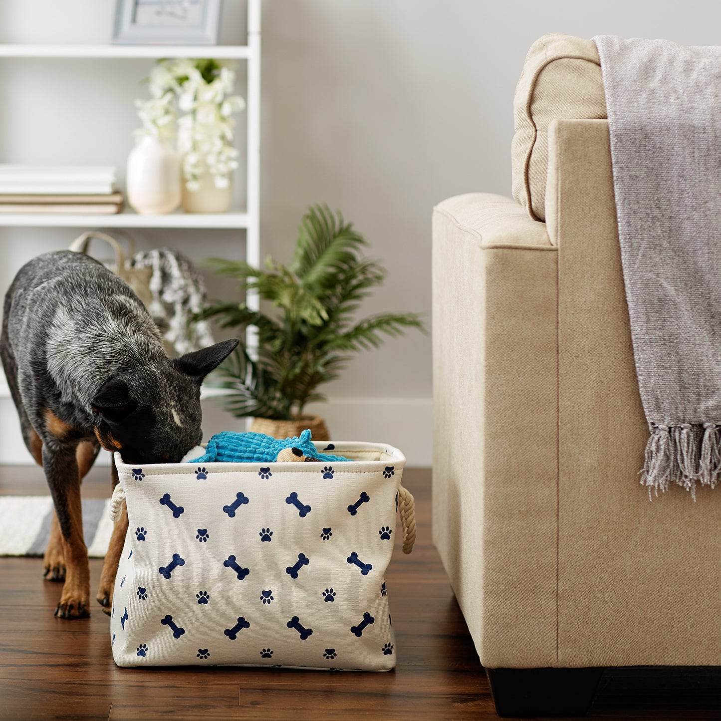 Polyester Pet Bin Paw/Bone Nautical Blue Rectangle Medium 16X10X12
