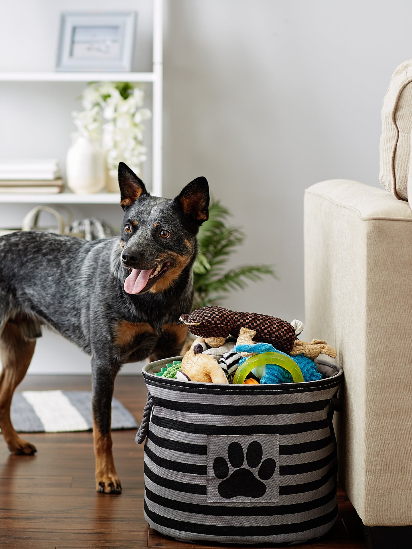 Polyester Pet Bin Stripe With Paw Patch Black Round Medium 12X15X15