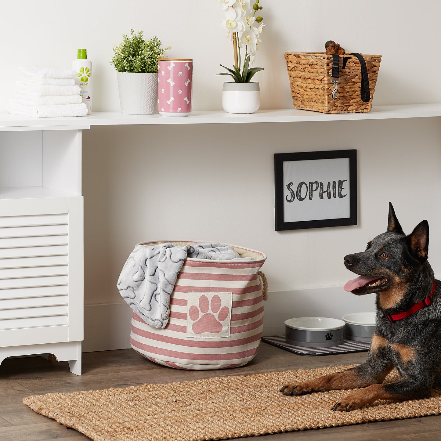 Polyester Pet Bin Stripe With Paw Patch Rose Round Medium 12X15X15