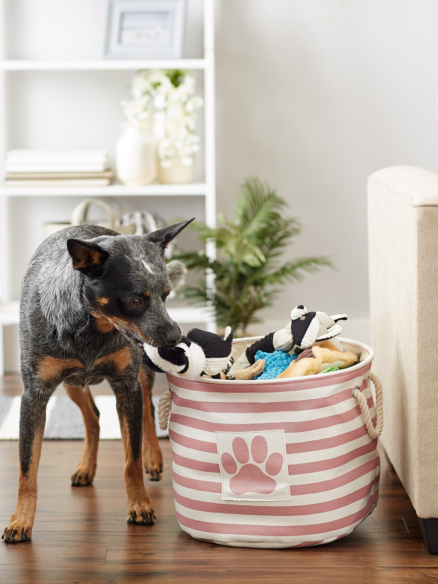 Polyester Pet Bin Stripe With Paw Patch Rose Round Medium 12X15X15