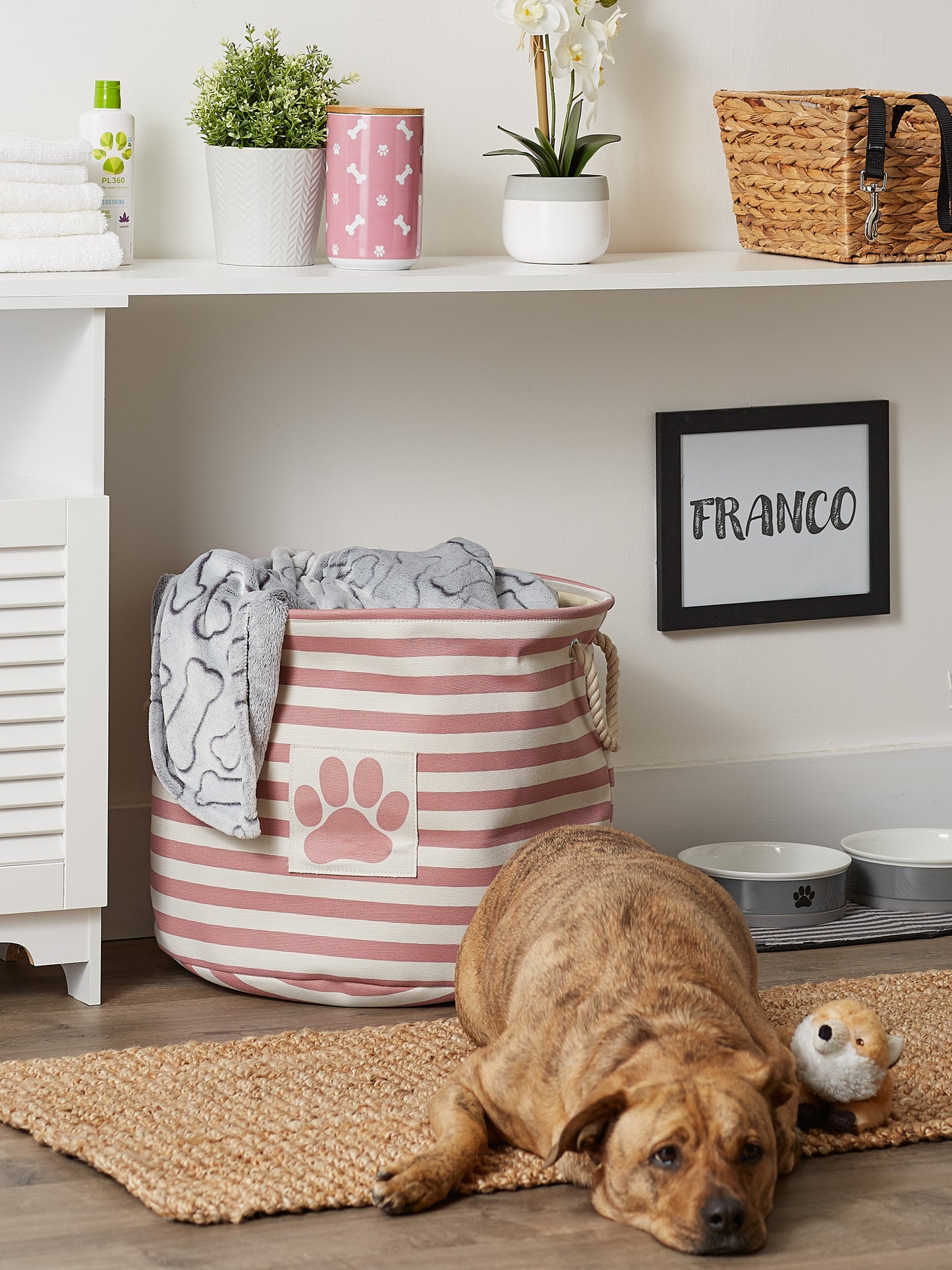 Polyester Pet Bin Stripe With Paw Patch Rose Round Large 15X18X18