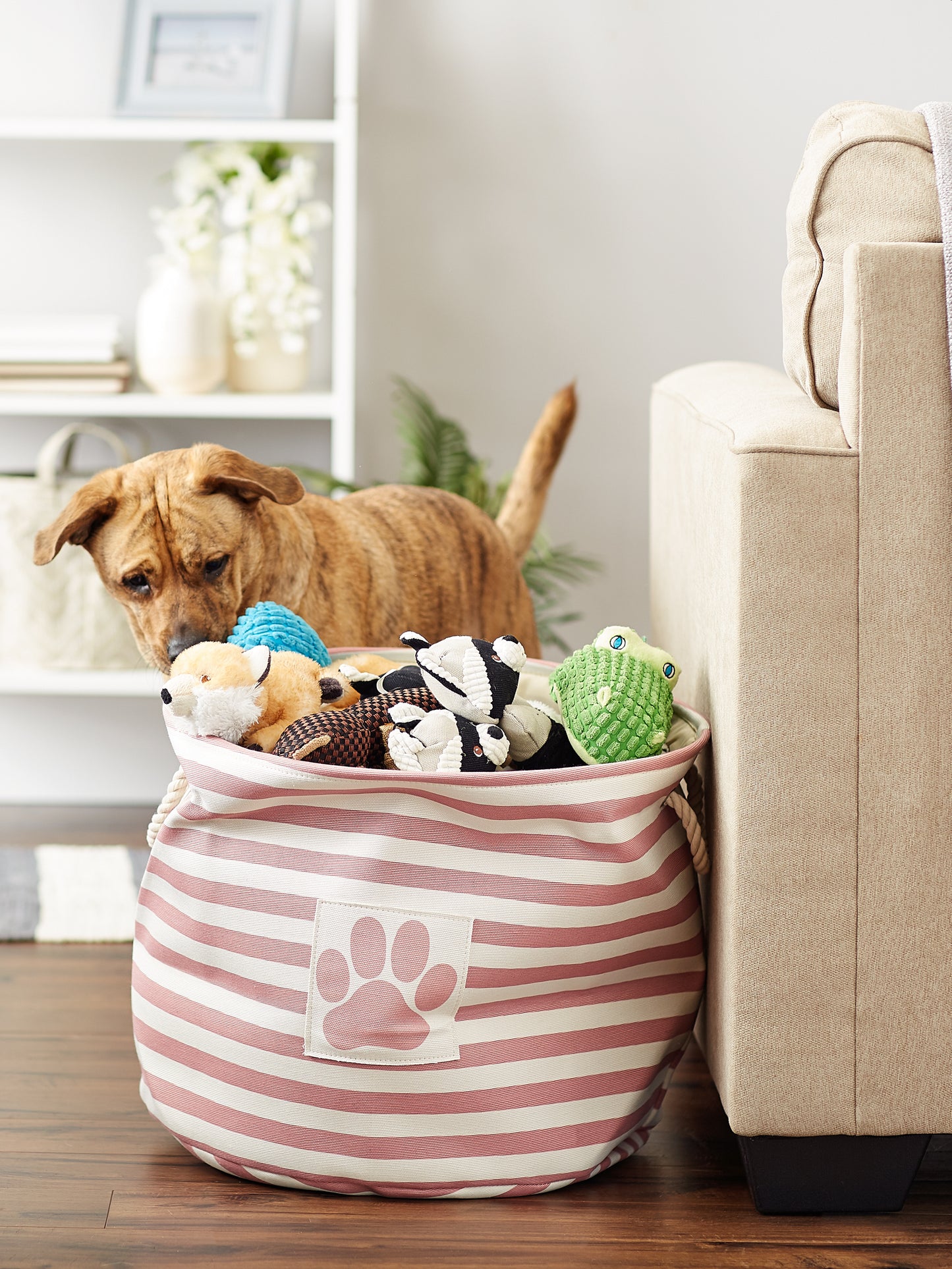 Polyester Pet Bin Stripe With Paw Patch Rose Round Large 15X18X18
