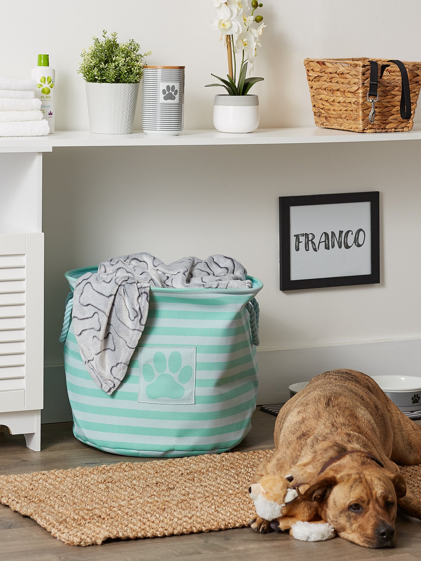 Polyester Pet Bin Stripe With Paw Patch Aqua Round Large 15X18X18