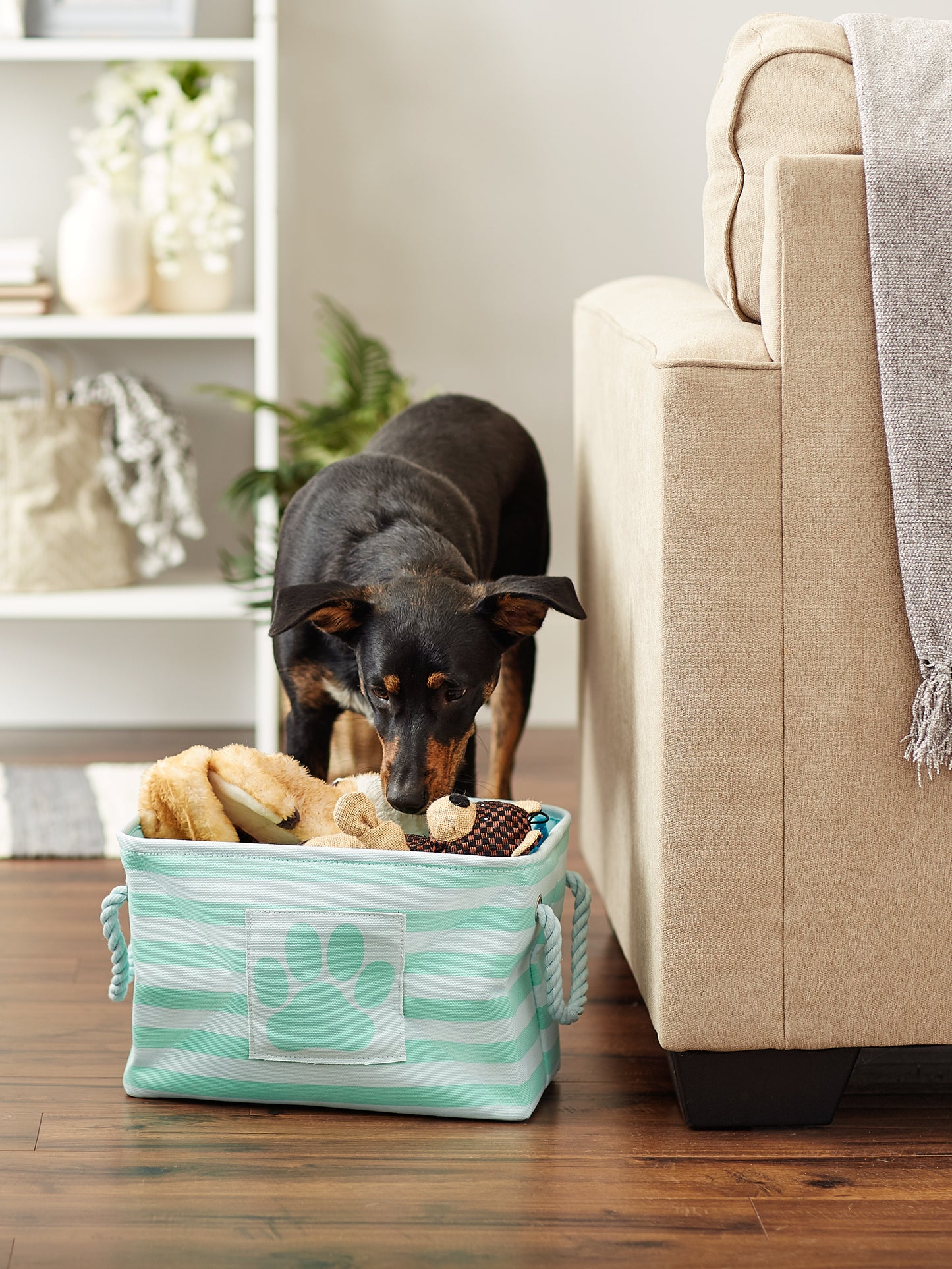 Polyester Pet Bin Stripe With Paw Patch Aqua Rectangle Small 14X8X9