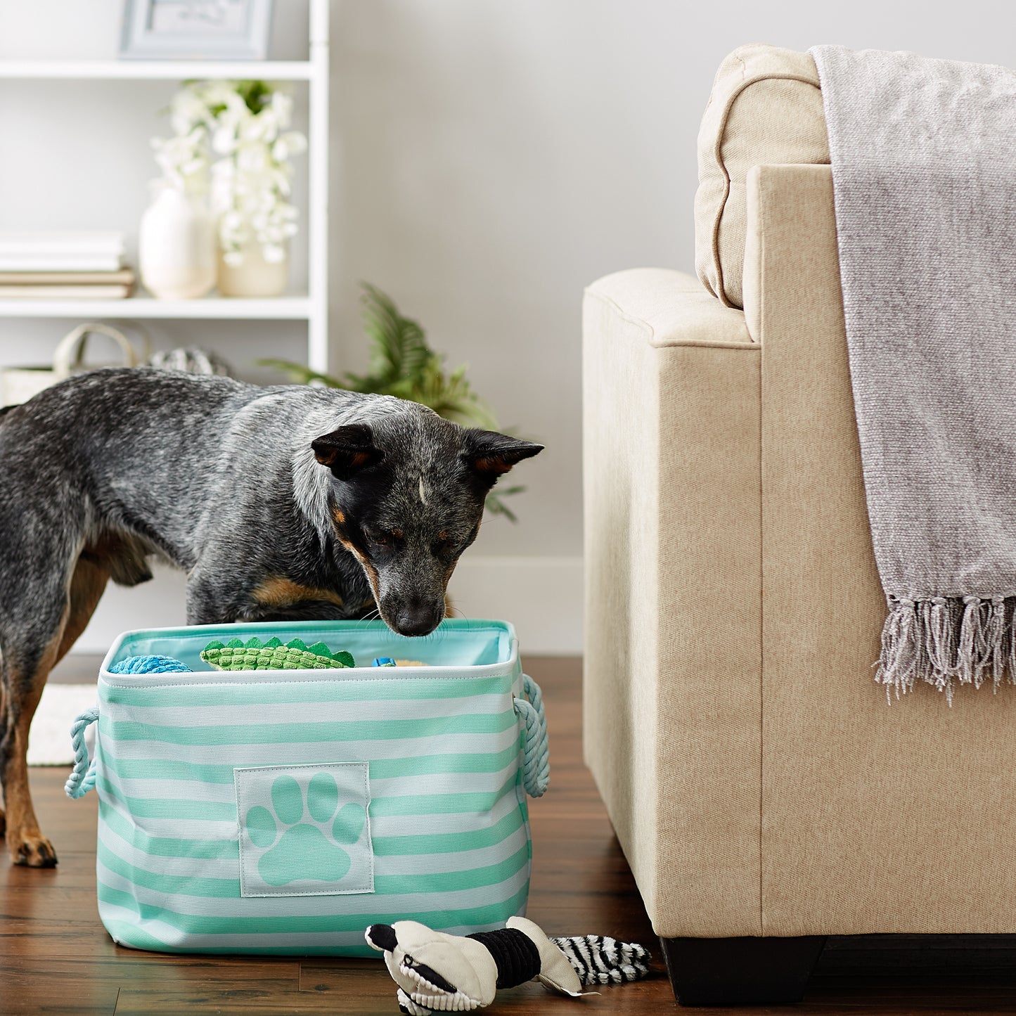 Polyester Pet Bin Stripe With Paw Patch Aqua Rectangle Medium 16X10X12