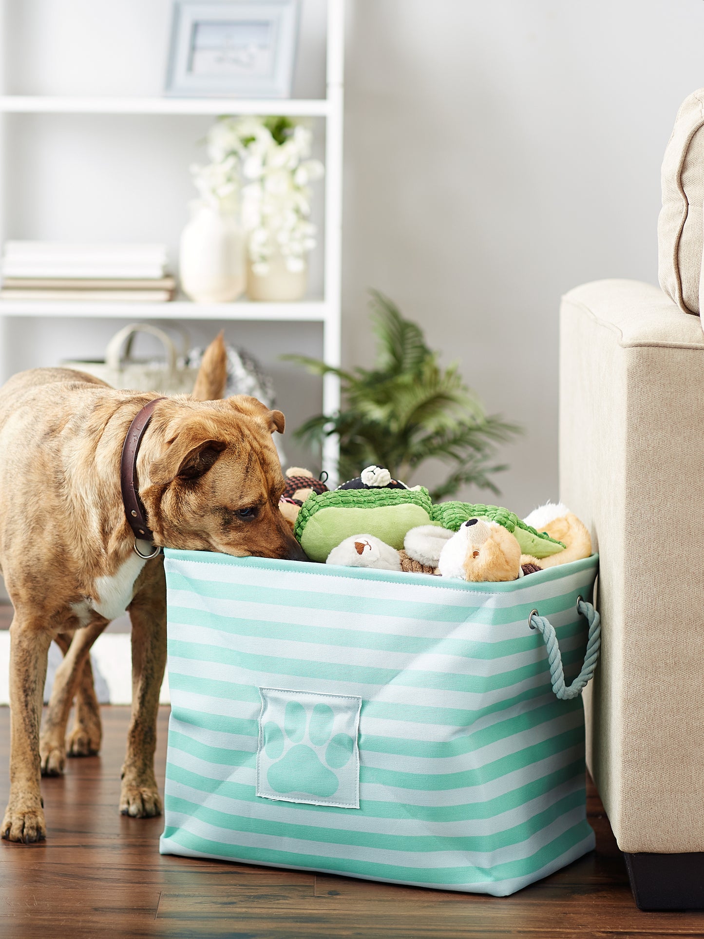 Polyester Pet Bin Stripe With Paw Patch Aqua Rectangle Large 17.5X12X15