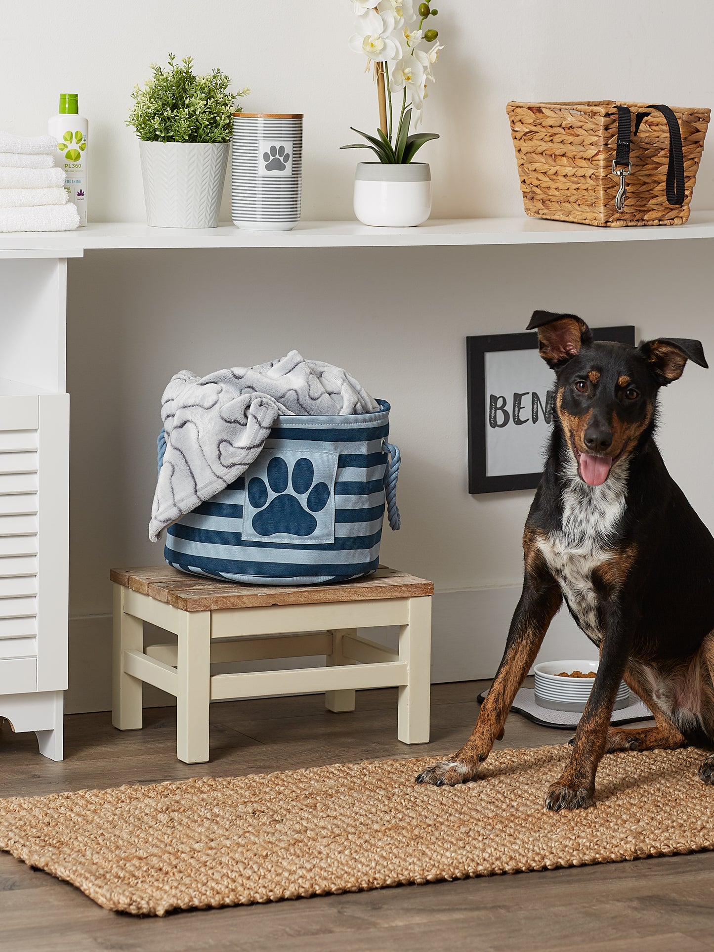 Bone Dry Pet Storage Bin, Striped Paw Patch, Dark Navy, Small Round, 12x9"