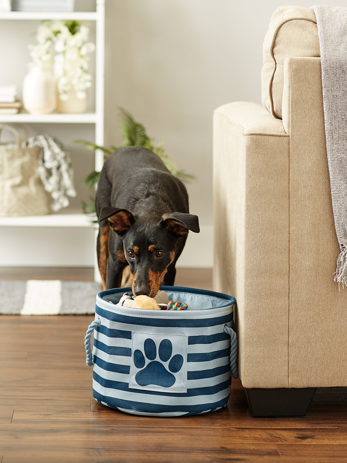 Bone Dry Pet Storage Bin, Striped Paw Patch, Dark Navy, Small Round, 12x9"