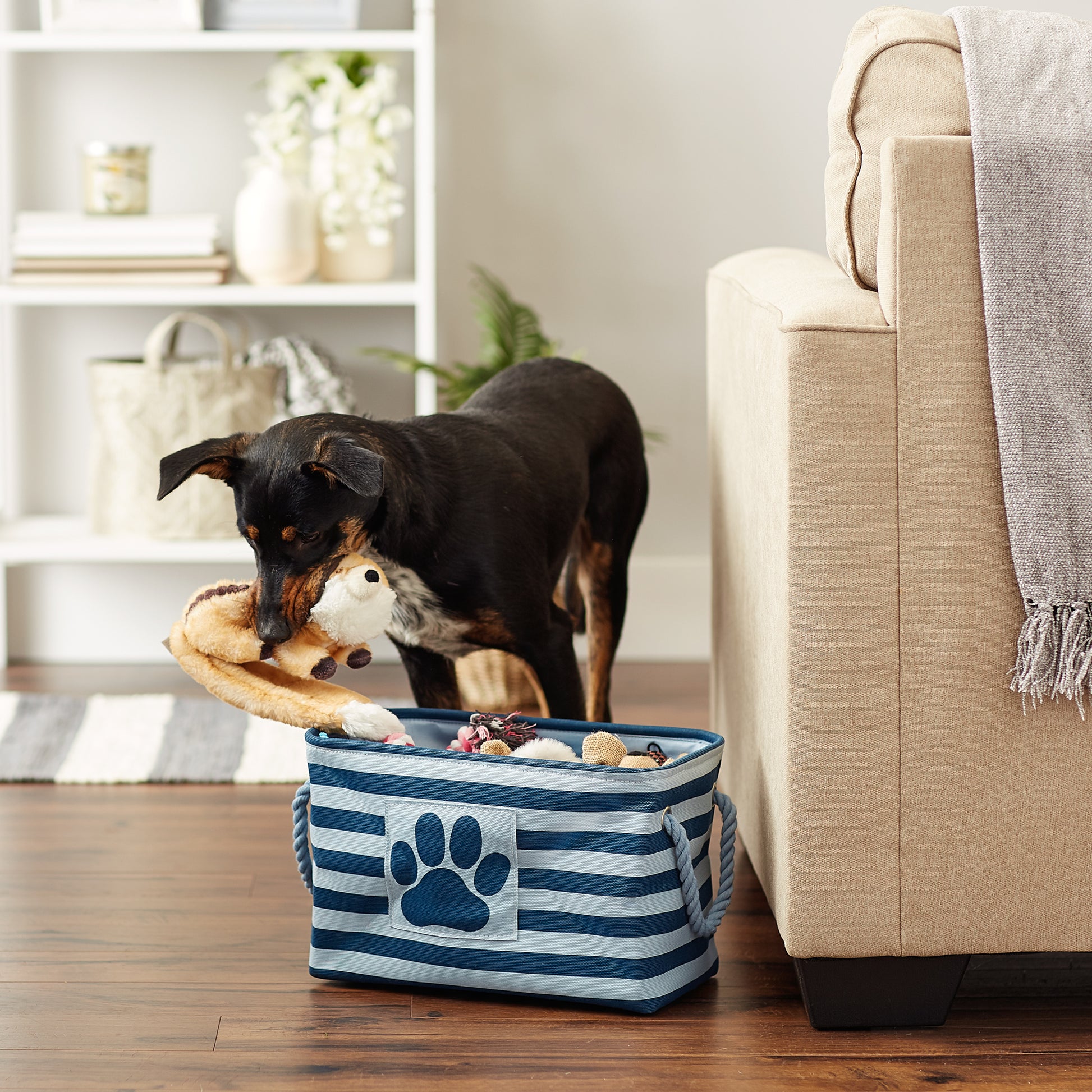 Polyester Pet Bin Stripe With Paw Patch Dark Navy Rectangle Small 14X8X9