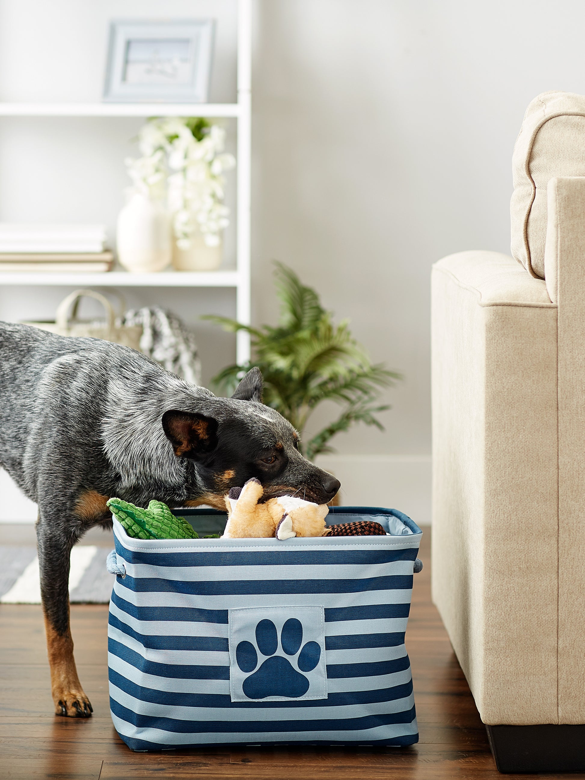 Polyester Pet Bin Stripe With Paw Patch Dark Navy Rectangle Medium 16X10X12