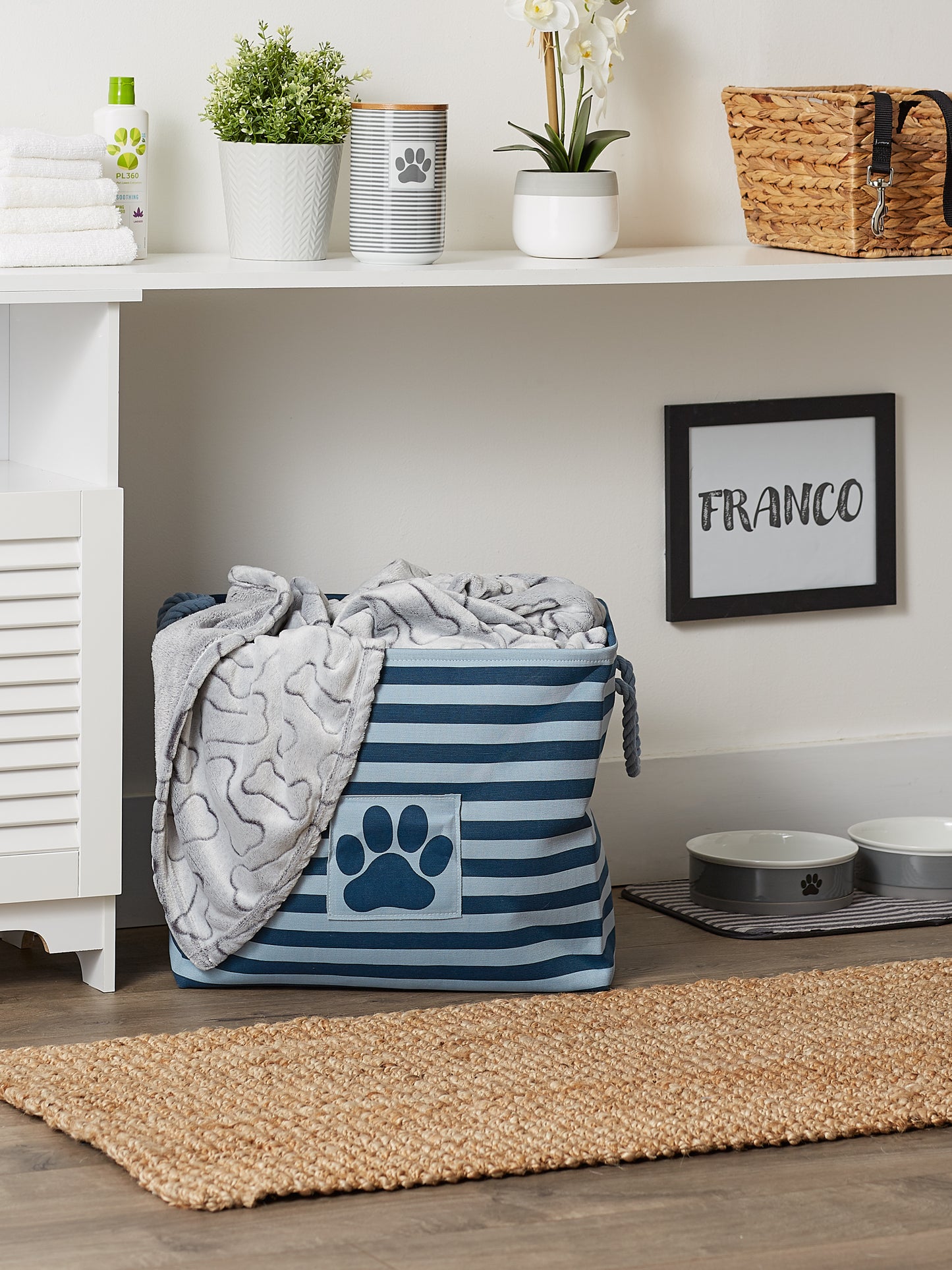 Bone Dry Pet Storage Bin, Striped Paw Patch, Dark Navy, Large - 17.5x12x15"