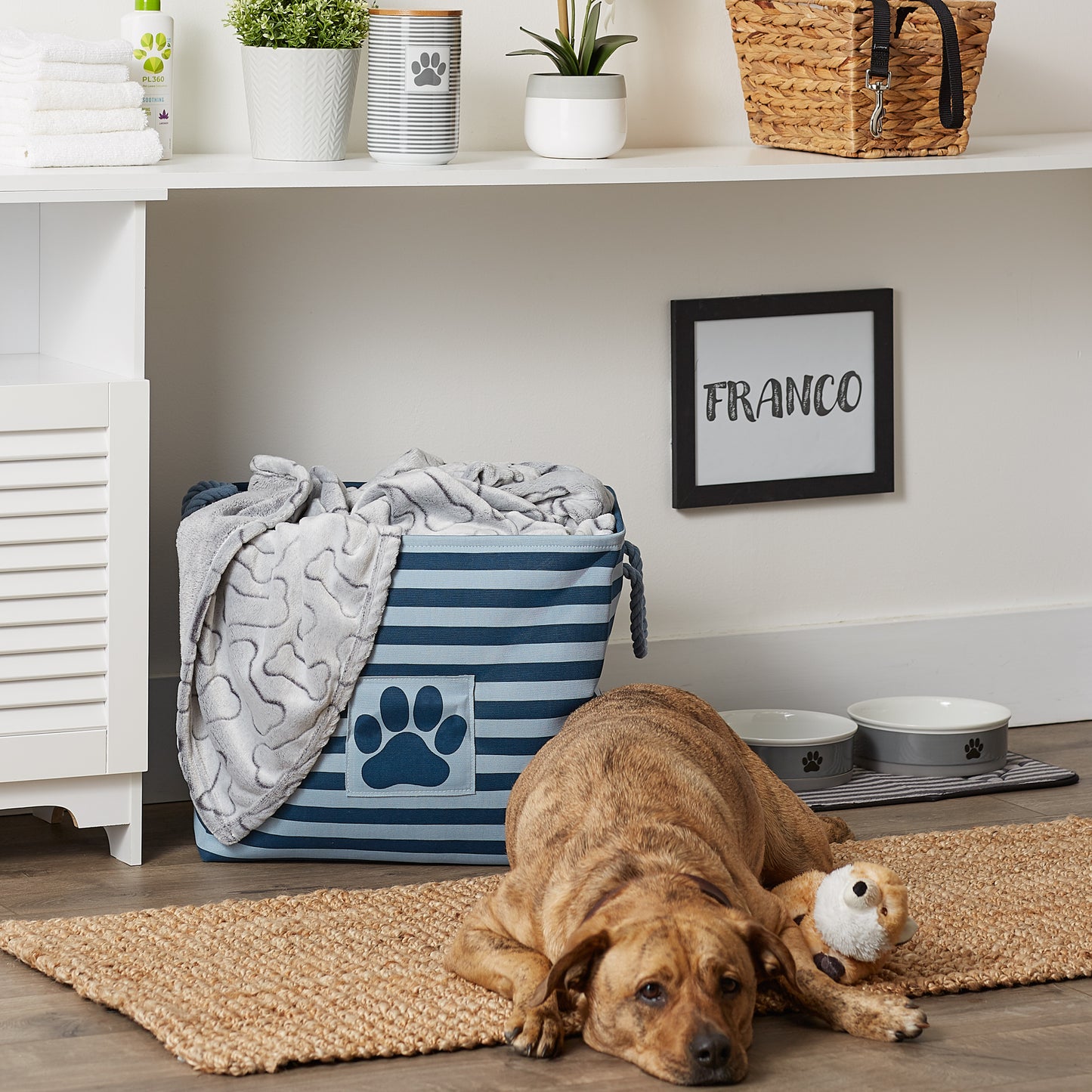 Bone Dry Pet Storage Bin, Striped Paw Patch, Dark Navy, Large - 17.5x12x15"