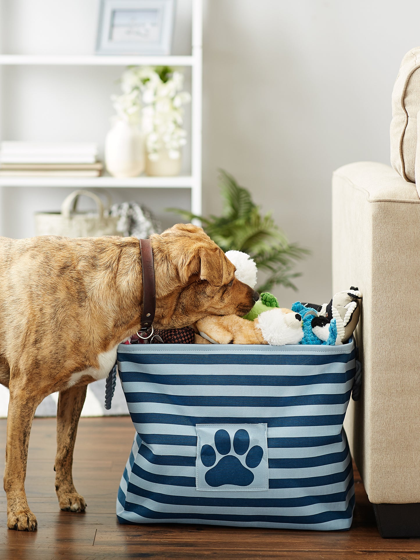Polyester Pet Bin Stripe With Paw Patch Dark Navy Rectangle Large 17.5X12X15