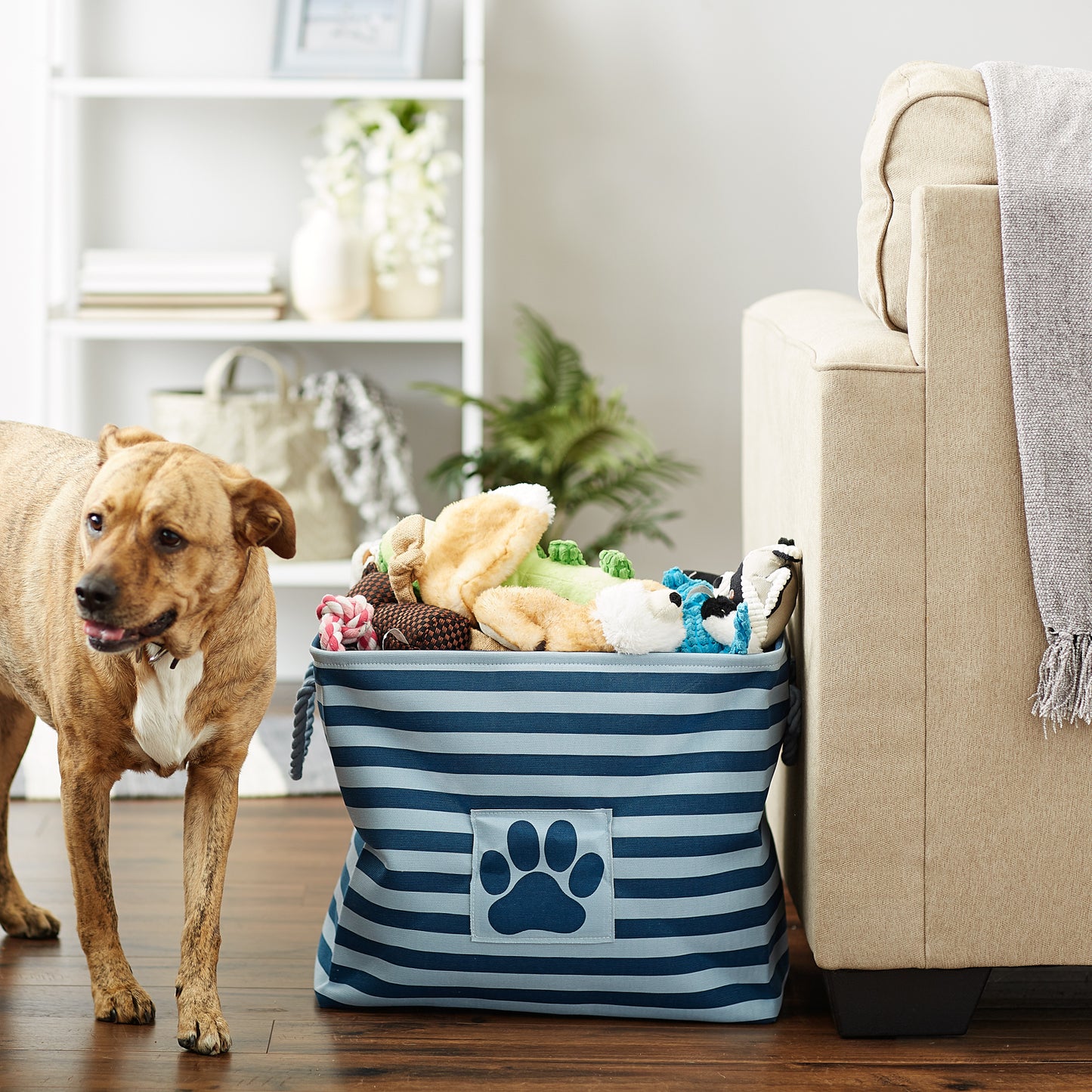 Bone Dry Pet Storage Bin, Striped Paw Patch, Dark Navy, Large - 17.5x12x15"