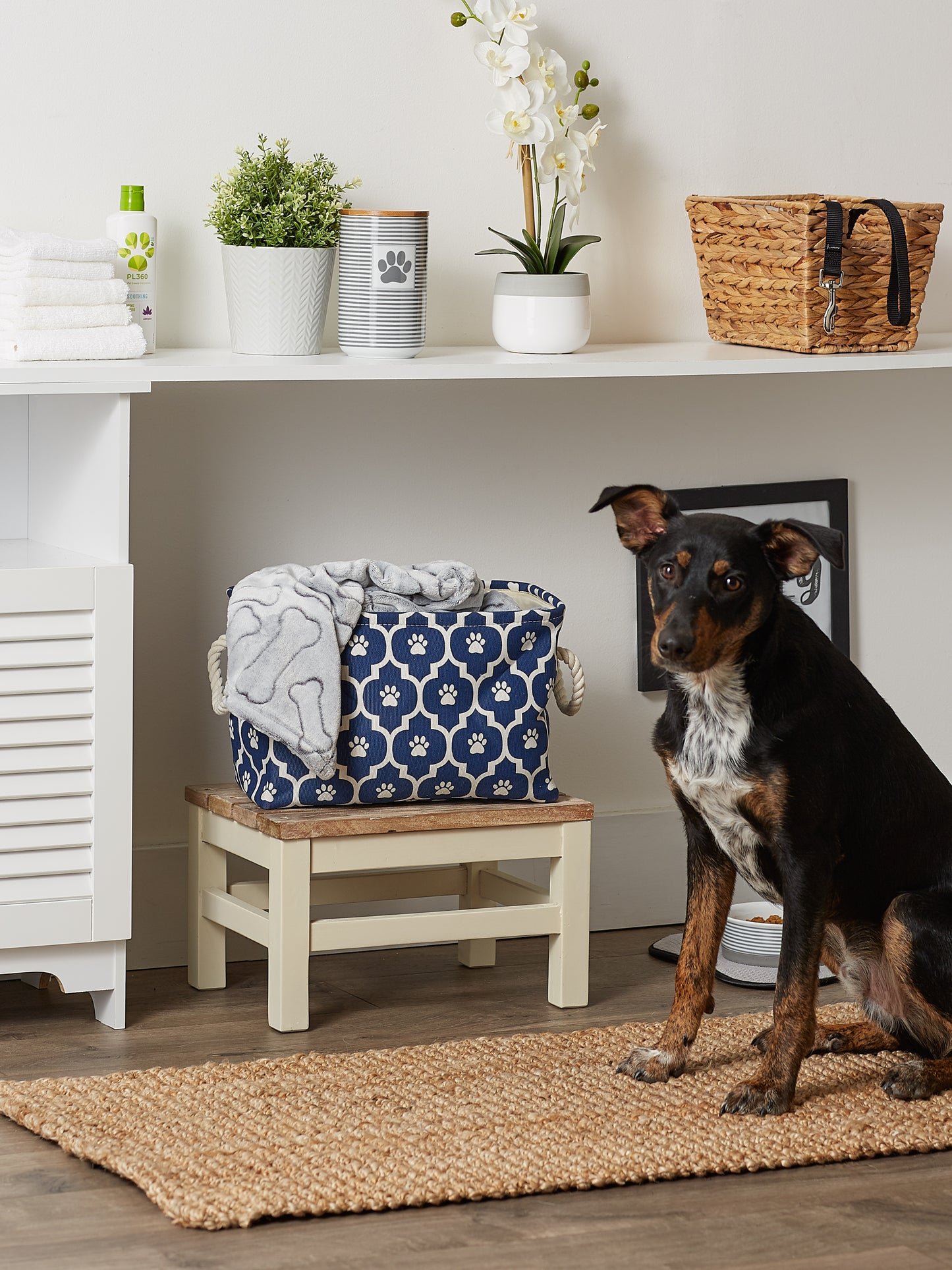 Polyester Pet Bin Lattice Paw Nautical Blue Rectangle Small 14X8X9