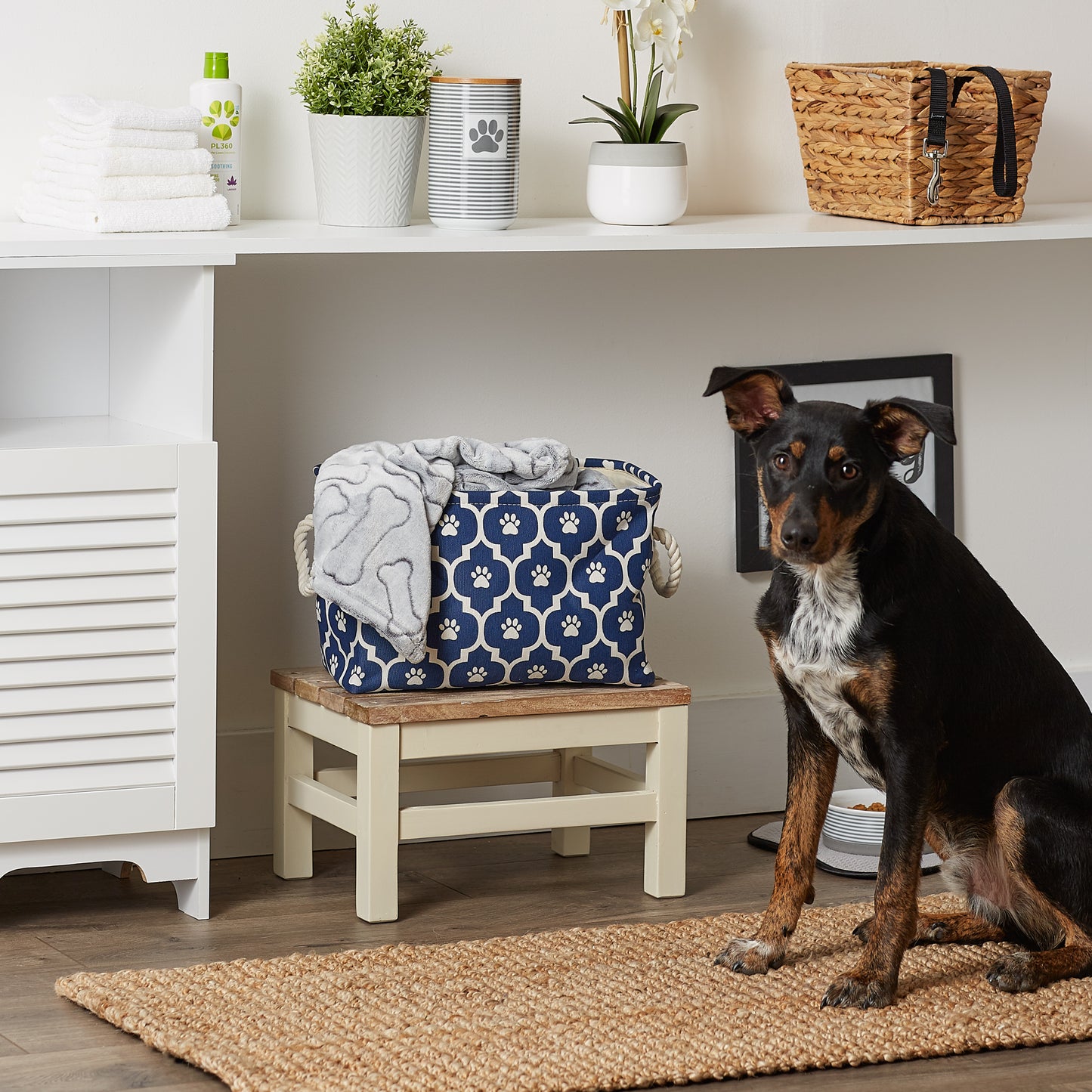 Polyester Pet Bin Lattice Paw Nautical Blue Rectangle Small 14X8X9