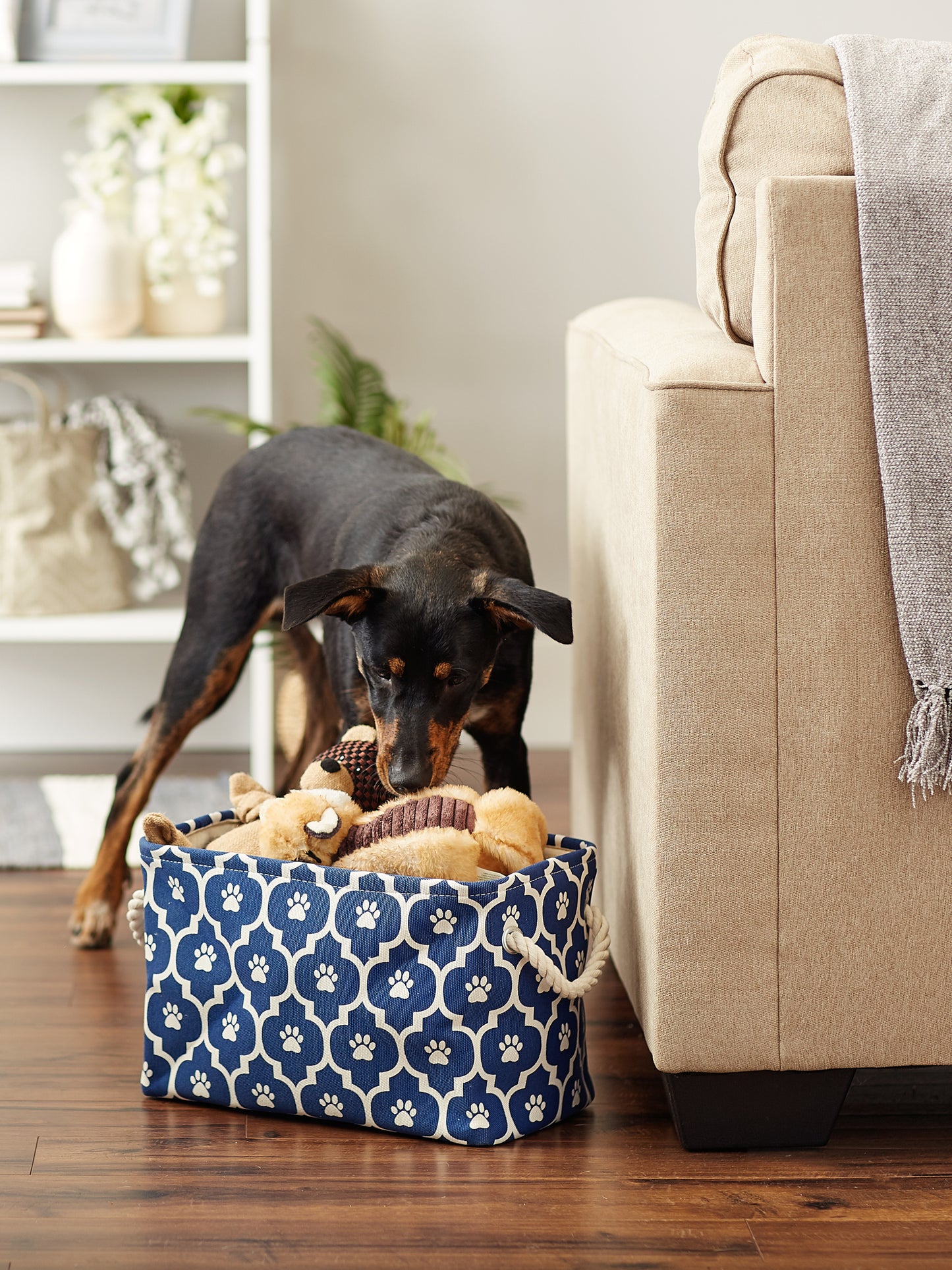 Polyester Pet Bin Lattice Paw Nautical Blue Rectangle Small 14X8X9