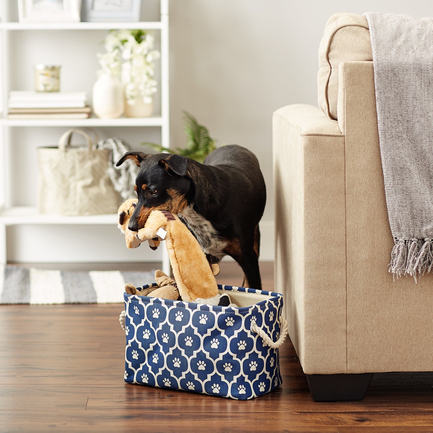 Polyester Pet Bin Lattice Paw Nautical Blue Rectangle Small 14X8X9