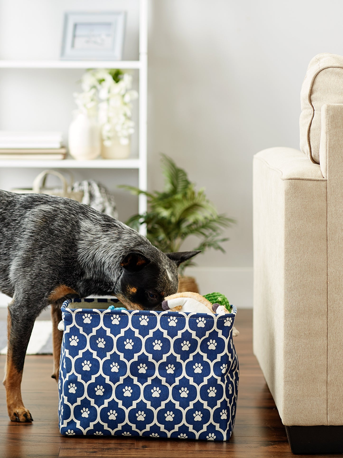 Bone Dry Pet Storage Bin, Lattice Paw Print, Nautical Blue, Medium - 16x10x12"